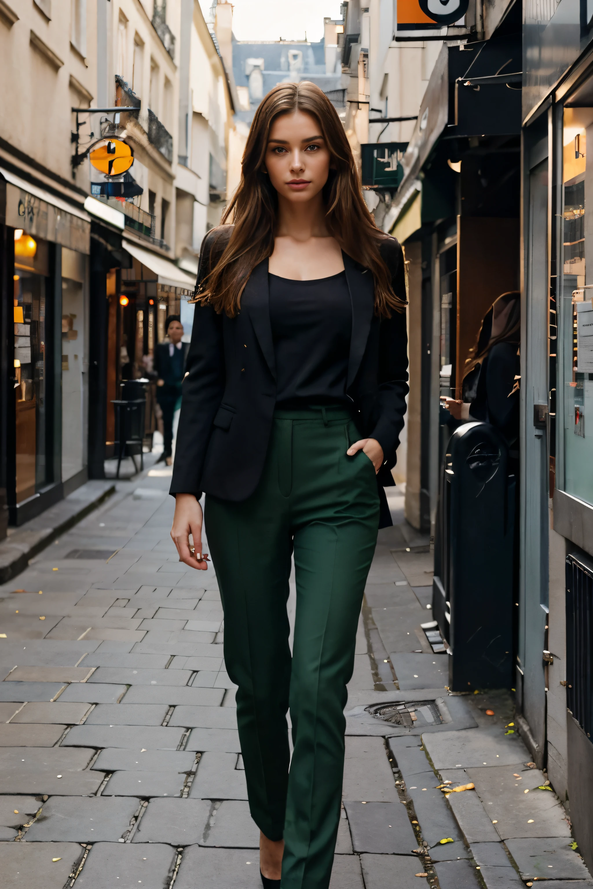 "Um retrato impressionante de uma modelo europeia, presenting a mix of elegance and contemporary fashion. Ela permanece confiante, com ela longa, cabelo castanho ondulado caindo em cascata sobre os ombros. Os olhos dela, um tom profundo de verde, exude a captivating allure. She is dressed in a chic style, roupa moderna: um elegante, blazer preto combinado com um soft, Blusa branca, and tailored pants. The background is a blur of urban elegance, possivelmente uma rua pitoresca em Paris, adding to the cosmopolitan aura. Your posture is relaxed, mas equilibrada, embodying the essence of modern European style and grace."