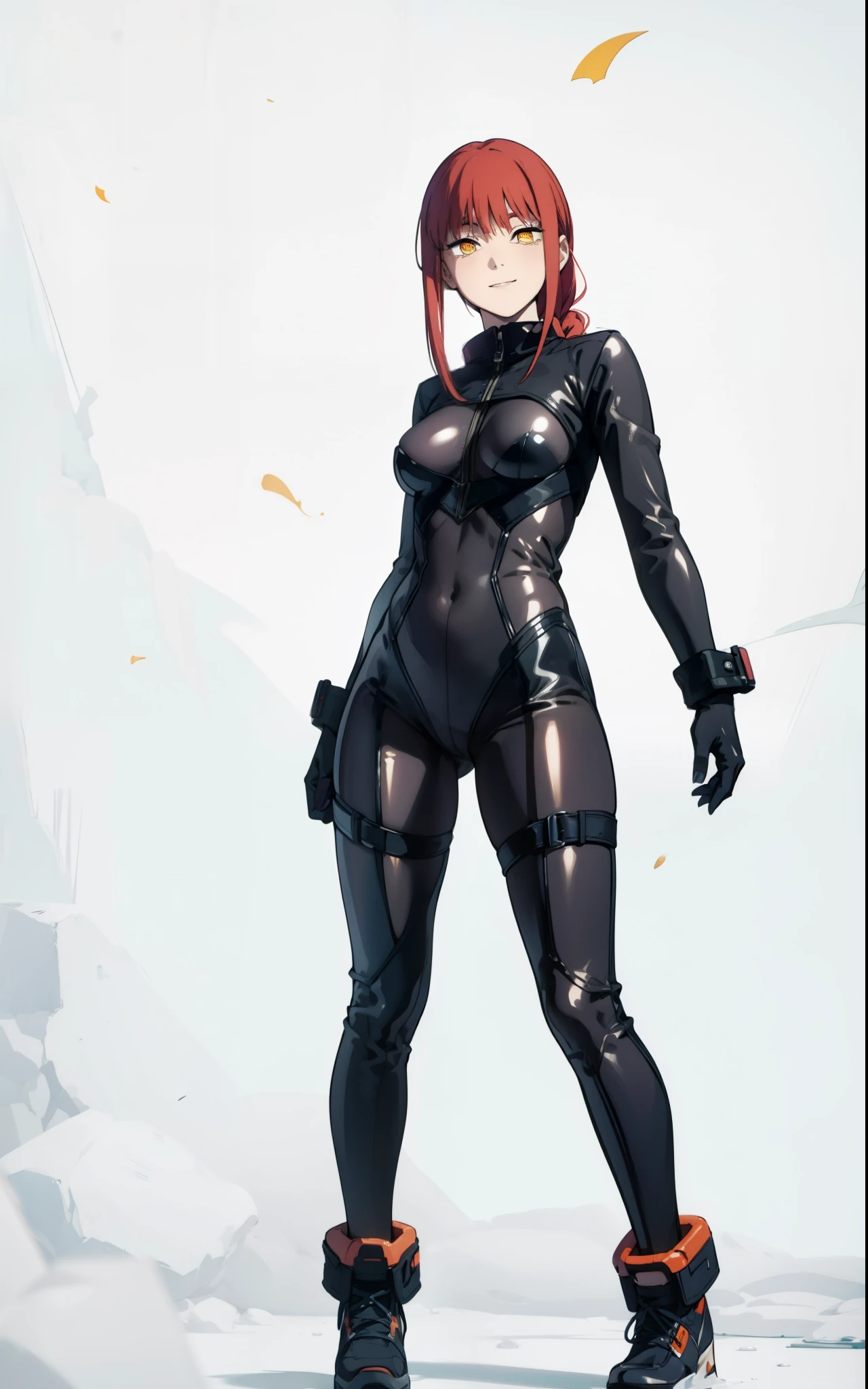 makima csm, yellow spiral eyes, red hair in braid, beautiful face, smile