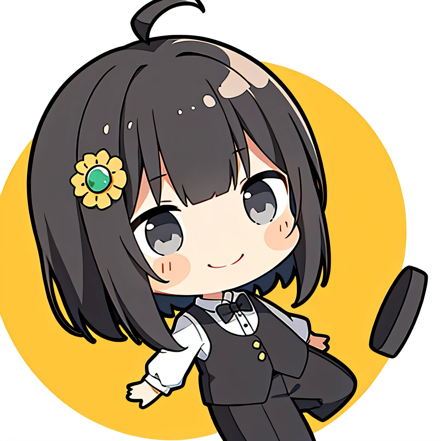 超A high resolution, nffsw, Best aesthetic, Top quality depiction of the foot, open arm up, Chibi character Detective Keira Rexanne Giles, her short black hair in disarray, gray eyes, with an Smile, Waving, white Background, her black pants and white shirt formal wear, Flat Avatar, Anime visuals of cute girls, Cute art style, Chibi, anime stylized, Shorthair, Ahoge, is shy, A smile, hair adornments, simple background, 耳环, jewely, side locks, larg oval eyes,