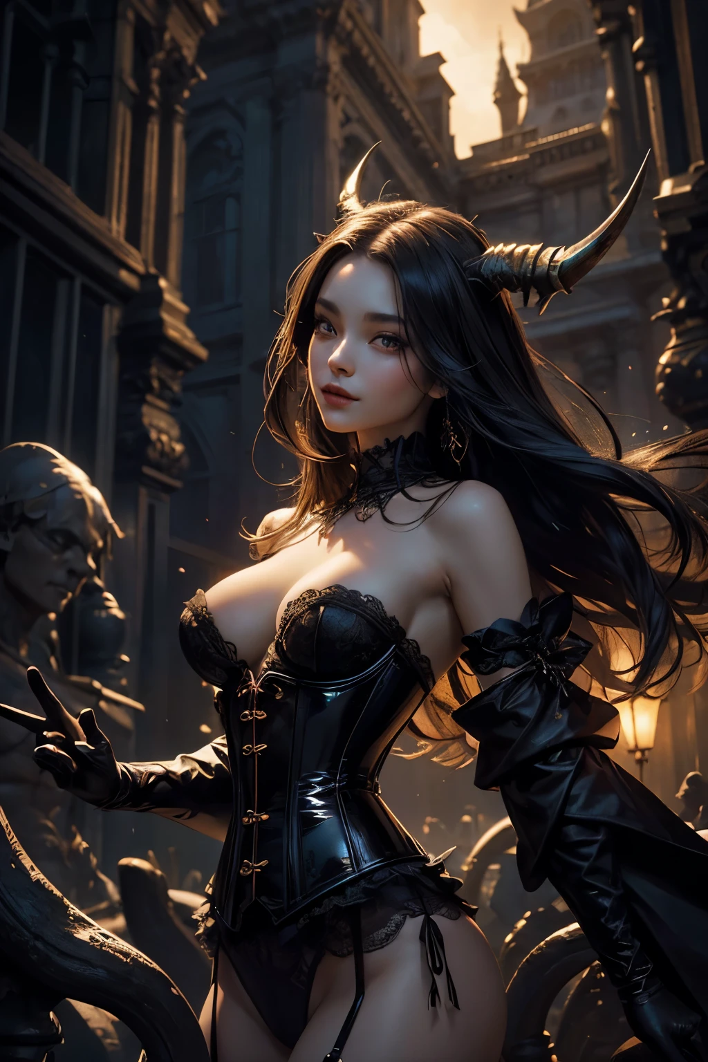 Beautiful painting of a perfect smiling female Succubus with small horns, a slender figure, large breasts, and shapeless long hair, adorned in an extremely baroque corset and lingerie that enhances her seductive allure (upper body shot). The abstract beauty of her near-perfect features, showcasing her ethereal allure, is a feast for the eyes, epitomizing pure form and dynamic pose. The background is an ethereal scene bathed in deep dark shadows, with strong cinematic lighting and back lighting, adding to the stunning details and intricate textures of this masterpiece. Concept art by renowned artists Greg Rutkow