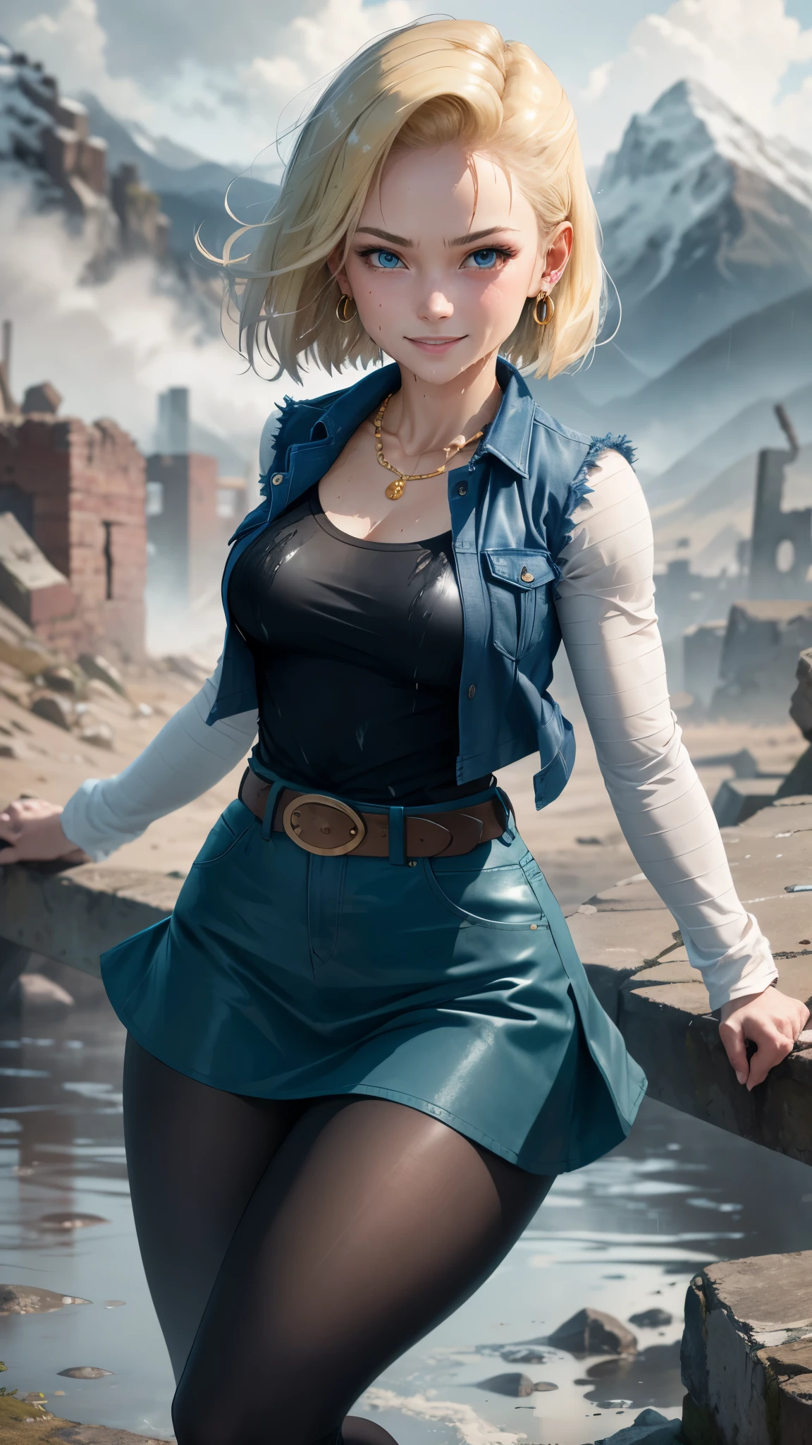 best quality, highres, and18, 1girl, android 18, solo, blonde hair, blue eyes, belt, tight blue demin skirt, gold_necklace, closed fists, black shirt, short hair, long sleeves, earrings, open vest, denim vest, medium breasts, cowboy shot, mountains, straight-on, (weather: raining and windy), wet clothes, fierce smile, combat stance, full length pantyhose, battle ruins, wide hips, thick legs, wet body, flying,