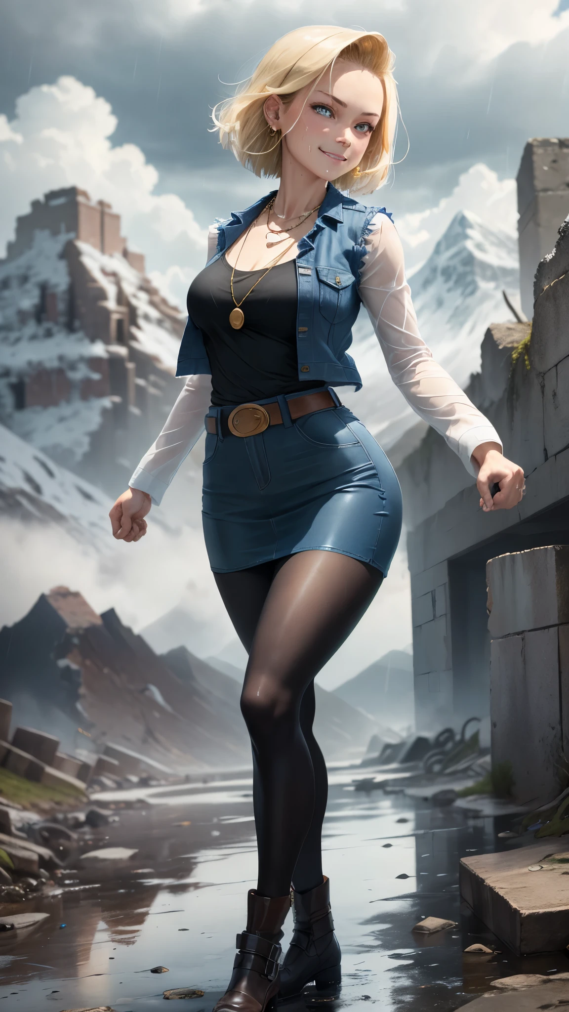best quality, highres, and18, 1girl, android 18, solo, blonde hair, blue eyes, belt, tight blue demin skirt, gold_necklace, closed fists, black shirt, short hair, long sleeves, earrings, open vest, denim vest, medium breasts, cowboy shot, mountains, straight-on, (weather: raining and windy), wet clothes, fierce smile, combat stance, full length pantyhose, battle ruins, wide hips, thick legs, wet body, flying,