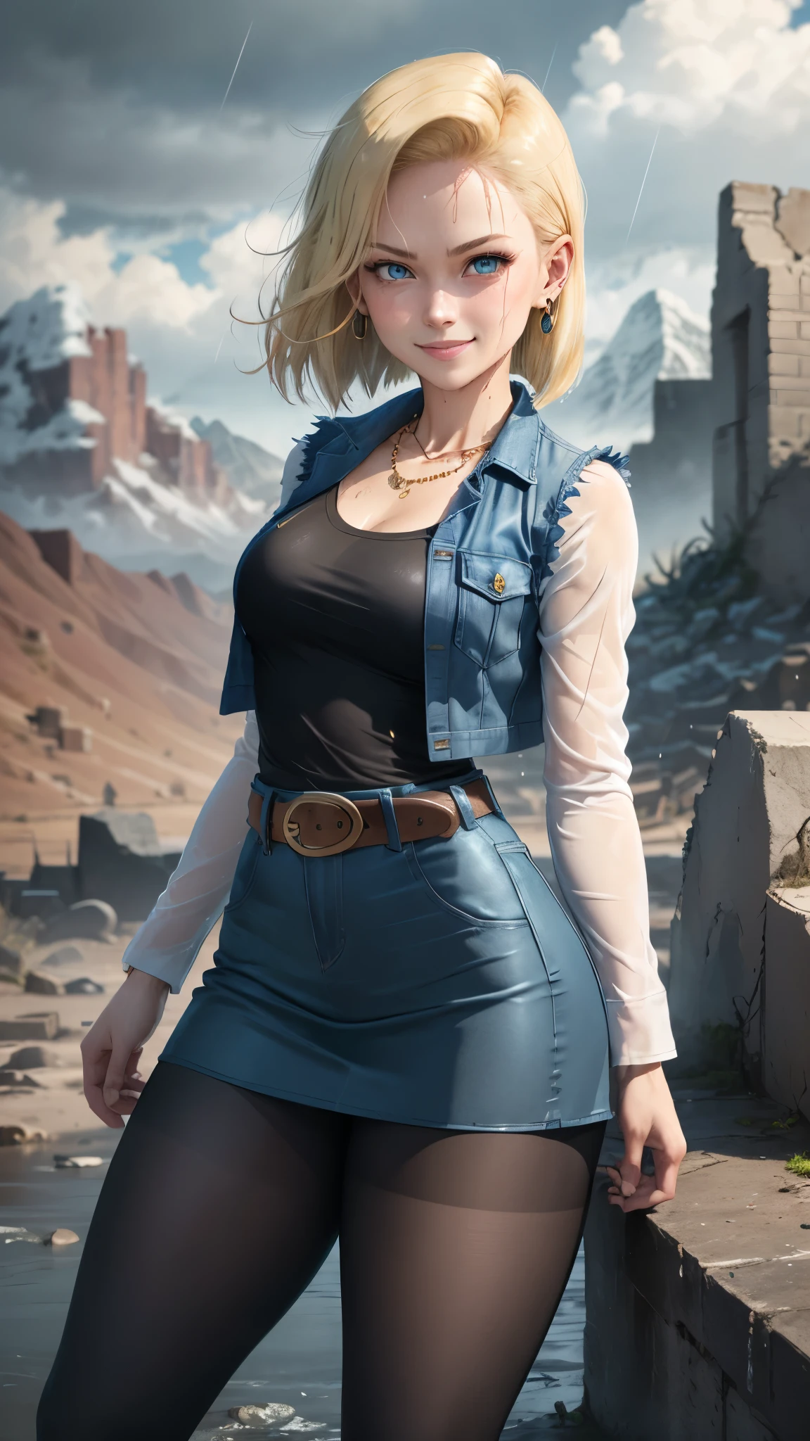 best quality, highres, and18, 1girl, android 18, solo, blonde hair, blue eyes, belt, tight blue demin skirt, gold_necklace, closed fists, black shirt, short hair, long sleeves, earrings, open vest, denim vest, medium breasts, cowboy shot, mountains, straight-on, (weather: raining and windy), wet clothes, fierce smile, combat stance, full length pantyhose, battle ruins, wide hips, thick legs, wet body, flying,