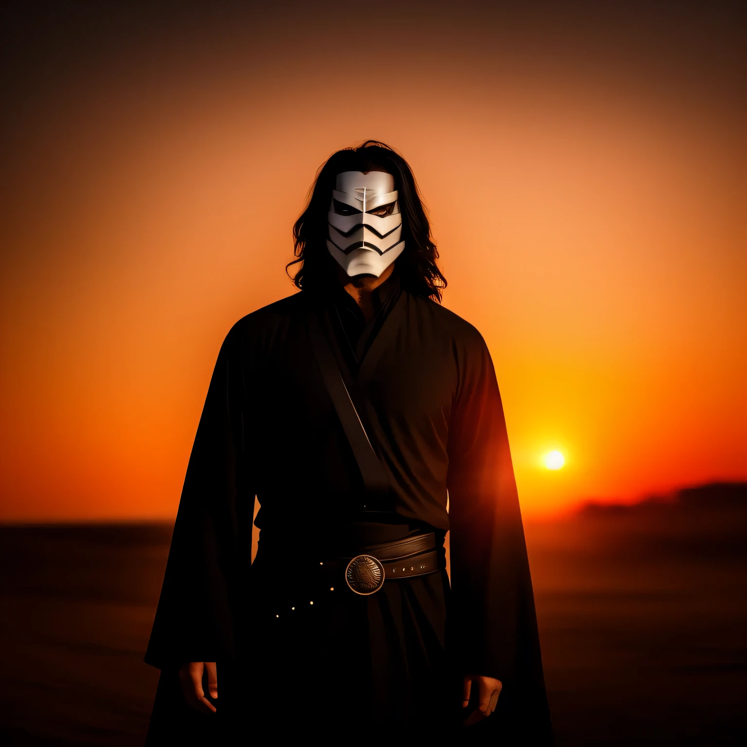 Man in Zorro mask against sunset background . disturbing, dark time. Mysterious and mystical mood.