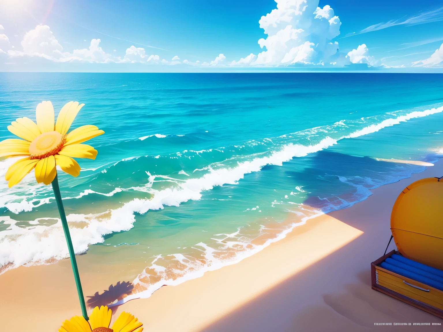 Summer seaside, beach, sunny weather, clear sky, sunny, colorful, happy summer vacation, simple picture, close-up, brilliant sunshine, distant waves, visual impact, 3D dreamWorks style