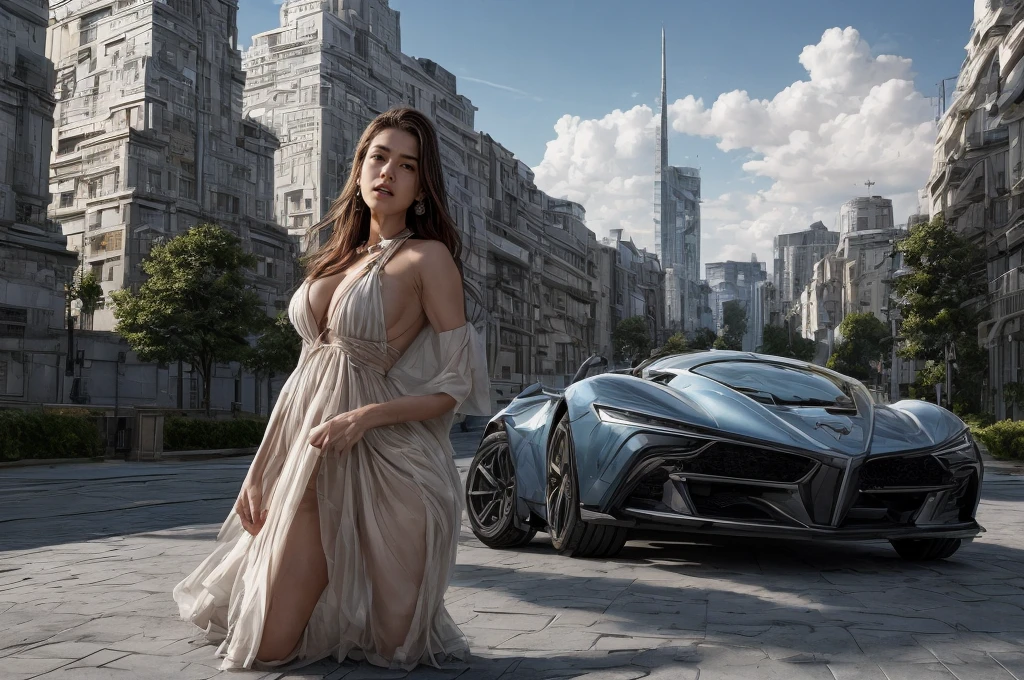 Incredible fantasy city, mega skyscrapers, flying cars, space elevator towers, Super Detail, trees, flowers, Many different buildings, spaceships in the sky, Ultra detail, many elements, blue and gold, yellow numbers on the towers, Character incredibly beautiful girl, posing in front of a ретро car, full length, stands on the balcony, leash around the neck, , submission, disturbance, aggressive car shape, expensive convertible., Incredibly beautiful face, very detailed face, Detailed eyes, detailed hair, Expensive earrings,  piercing, diamonds, Emeralds, Rubies, turquoise, correct , Thin body, Super Detail тела, many small details of the dress, Incredible fantasy city, mega skyscrapers, flying cars, space elevator towers, Super Detail, trees, flowers, Many different buildings, spaceships in the sky, Ultra detail, many elements, blue and gold, yellow numbers on buildings, straight and smooth lines, Street, evening, A lot of cars, sharp lines, contrast, City River, water fall, trees по берегу, fault in the earth&#39;s square, deep crevice, You can't see the ground, Very high, helicopter landing pads, interceptor hangars, золотой автомобить, неоновая подсветка днища, цветы, много цветов яркого красного цвета, ретро автомобиль, винтажный автомобиль 1939 года, одета в белой майке, мокрая майка , дождь, мокрый асфальт, на голове яркая индейская корона с перьями и цветами, наводнение, брызги от капель,