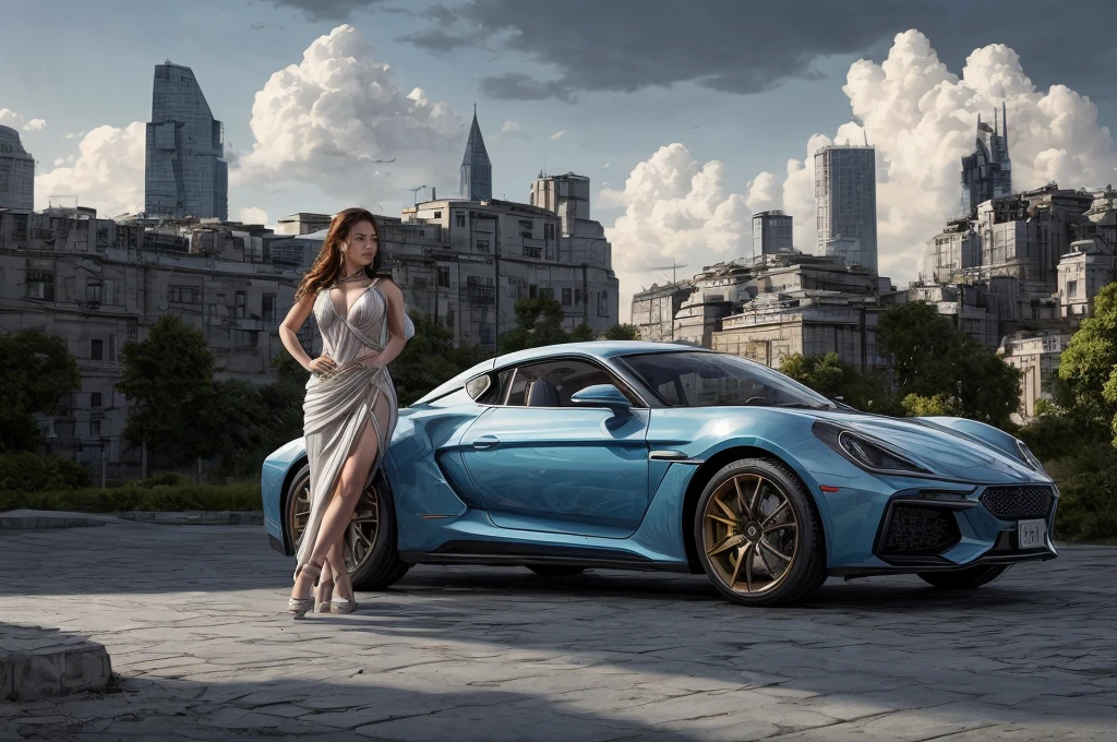 Incredible fantasy city, mega skyscrapers, flying cars, space elevator towers, Super Detail, trees, flowers, Many different buildings, spaceships in the sky, Ultra detail, many elements, blue and gold, yellow numbers on the towers, Character incredibly beautiful girl, posing in front of a ретро car, full length, stands on the balcony, leash around the neck, , submission, disturbance, aggressive car shape, expensive convertible., Incredibly beautiful face, very detailed face, Detailed eyes, detailed hair, Expensive earrings, nipple piercing, diamonds, Emeralds, Rubies, turquoise, correct anatomy, Thin body, Super Detail тела, many small details of the dress, Incredible fantasy city, mega skyscrapers, flying cars, space elevator towers, Super Detail, trees, flowers, Many different buildings, spaceships in the sky, Ultra detail, many elements, blue and gold, yellow numbers on buildings, straight and smooth lines, Street, evening, A lot of cars, sharp lines, contrast, City River, water fall, trees по берегу, fault in the earth&#39;s square, deep crevice, You can't see the ground, Very high, helicopter landing pads, interceptor hangars, золотой автомобить, неоновая подсветка днища, цветы, много цветов яркого красного цвета, ретро автомобиль, винтажный автомобиль 1939 года, одета в белой майке, мокрая майка , дождь, мокрый асфальт, на голове яркая индейская корона с перьями и цветами, наводнение, брызги от капель,