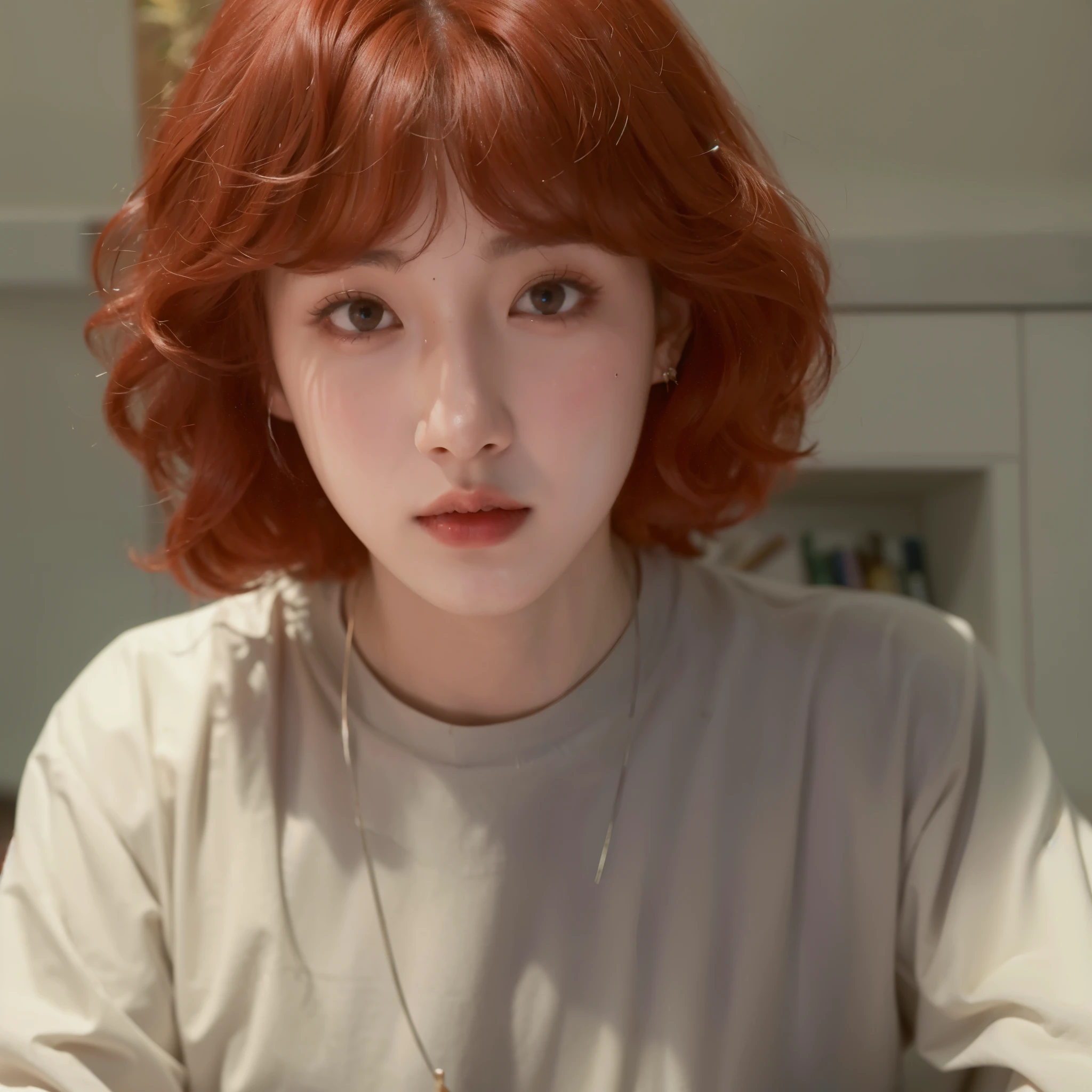 There's a woman with red hair and a white shirt, com cabelo curto, com cabelo ruivo cacheado, cai xukun, ele tem cabelo castanho curto e encaracolado, com o mesmo penteado, inspirado em Yanjun Cheng, inspirado em Bian Shoumin, franja encaracolada, pintar ulzzang, Kim Doyoung, taejune kim, inspirado em jeonseok lee, pessoa realista