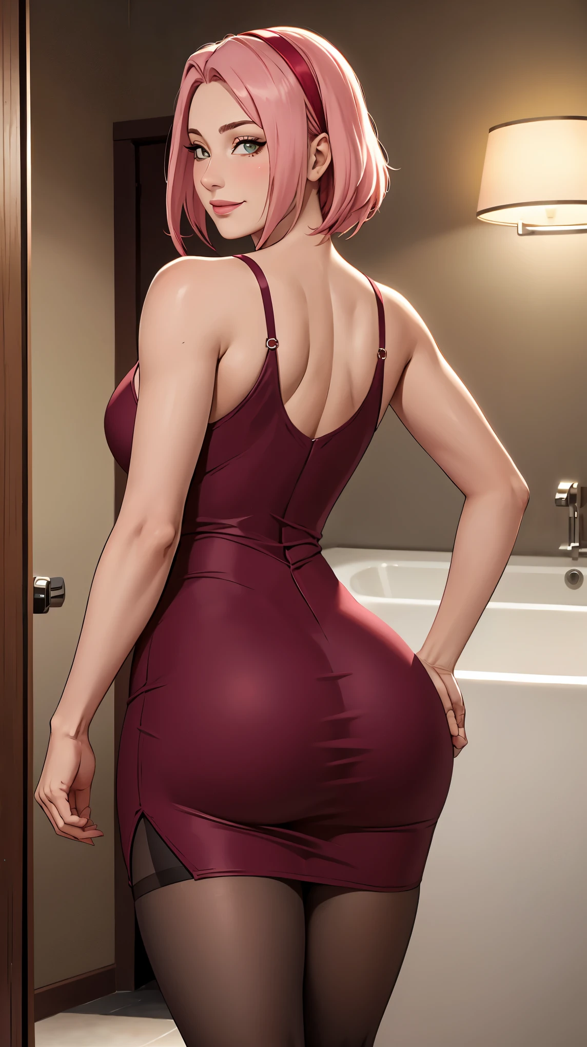 ((BIG ASS))((BOG TITS))((PERFECT FACE))((SEXY))(((Traje formal))), Obra maestra， La mejor calidad en el mejor de los casos， 1girll， Sakura Haruno， senos grandes,Vestimenta fuera del hombro，minifalda transparente ,（escote)，（Primer plano de la parte superior del cuerpo)，Criado sexy，is shy，smil，con cabello rosado， Pelo largo blanquecino， There is a woman with pink hair and stockings posing in a bathroom, Lower angle, illuminated from behind, de rodillas, muslos y falda, de rodillas, peeping from behind, muslos de cerca, curvy accentuated booty, Colegiala hiperrealista con vestido corto apretado , rodillas metidas, agacharse, abrazando sus rodillas, iluminado desde abajo, View from behind
