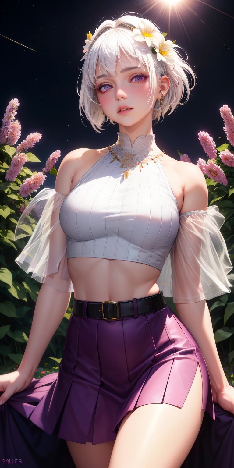 realistic, 1girl, white hair, purple eyes, glowing eyes, crop top, skirt, parted lips, blush, night, flowers, sun, sunlight,
