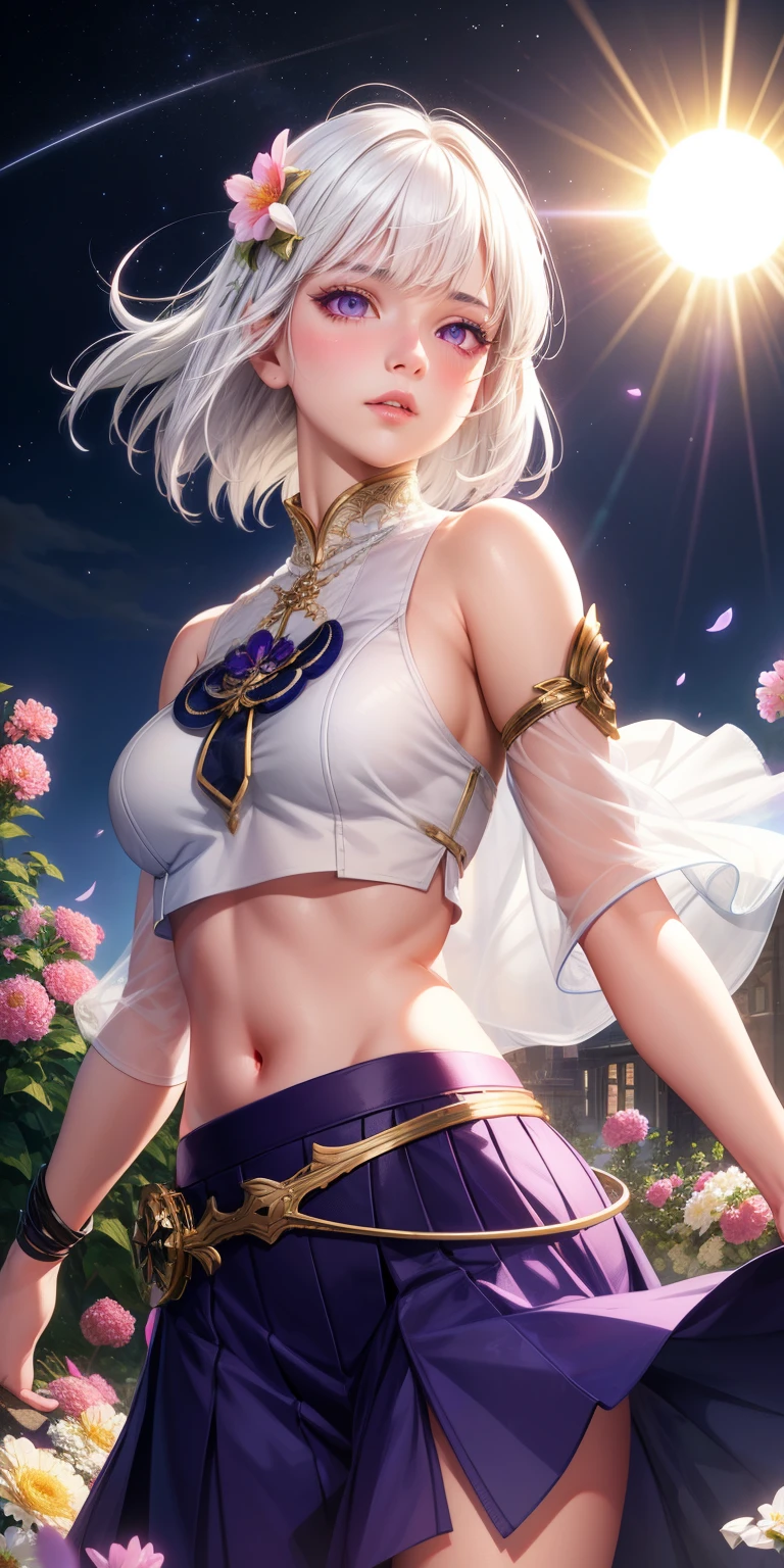 realistic, 1girl, white hair, purple eyes, glowing eyes, crop top, skirt, parted lips, blush, night, flowers, sun, sunlight,