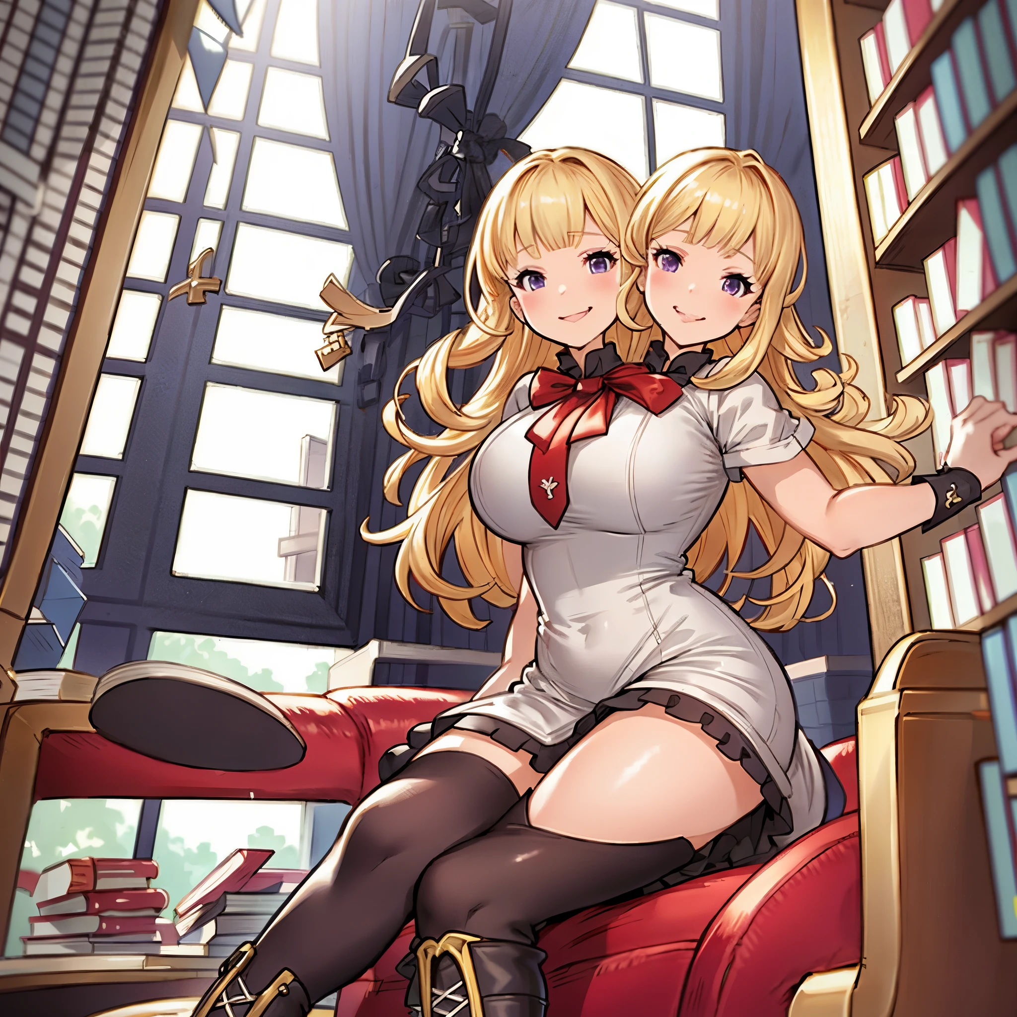 (2heads), 1girl,full body,(laonanren \(base\)),
a huge thick open book,
dress,shirt, black legwear, boots
blonde hair,purple eyes,
smile,
library, window, 
masterpiece, best quality, ultra-detailed, comic, illustration,
arms crossed, legs spread