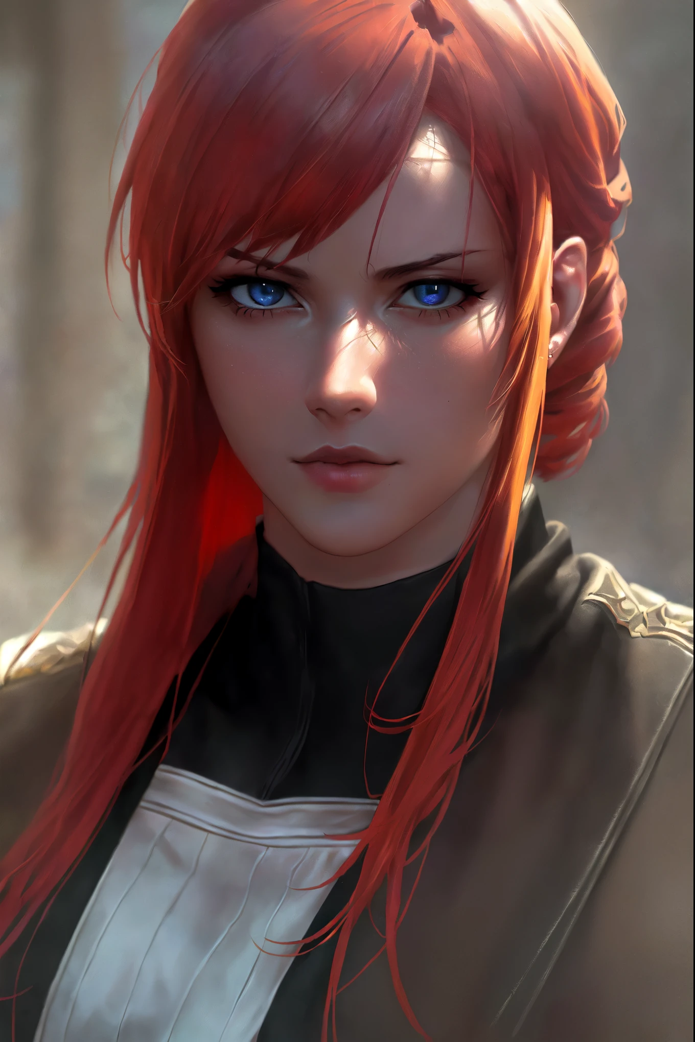 In a high-quality, 8K ultra-detailed anime artwork, I want to see a close-up of a person with red hair and a sword. The person should have beautiful detailed eyes and lips. Their hair should be fiery red and vibrant. The artwork should showcase an epic anime scene with a powerful male character.
The character should be rendered realistically, with a photorealistic style highlighting every detail of their face and body. The lighting in the scene should be dramatic, emphasizing the character's features and adding a sense of intensity to the artwork.
The character should be dressed in an intricate, armored outfit that
