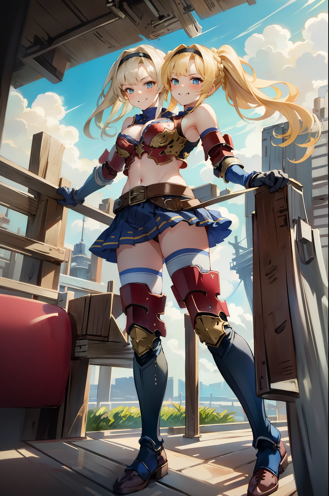 (2heads), zetadef, braid, hair intakes, twintails, hairband, red armor, shoulder armor, skirt, thighhighs, gauntlets, belt, midriff, cleavage, smug face, on the deck of a wooden airship flying, blue sky, clouds, masterpiece, illustration, official artwork, absurdres, high quality, 4k, 8k, 1girl, solo