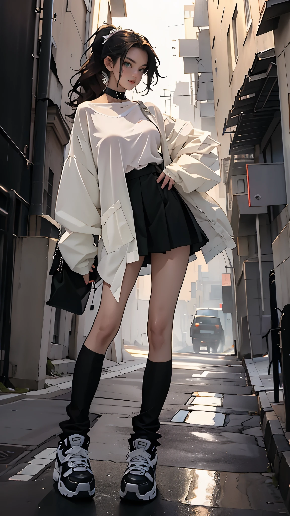 masterpiece, Best quality, a high resolution, ultra detailed),(beautiful and aesthetically pleasing:1.2), 1 woman, adult, perfect body, Wavy dark hair, green eyes, hair pulled back into a beautiful ponytail, Detailed eyes and face, complex parts, full body, Short skirt, Shoes, oversized shirt, leggings on the legs, Street, city, cityской стиль, day, 