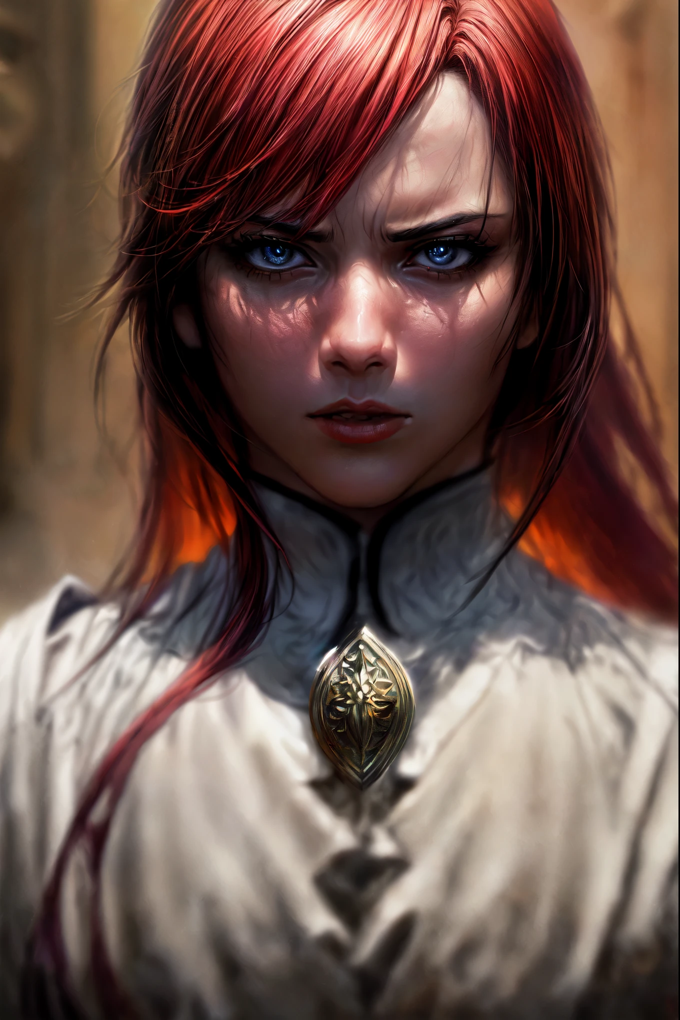 In a high-quality, 8K ultra-detailed anime artwork, I want to see a close-up of a person with red hair and a sword. The person should have beautiful detailed eyes and lips. Their hair should be fiery red and vibrant. The artwork should showcase an epic anime scene with a powerful male character.

The character should be rendered realistically, with a photorealistic style highlighting every detail of their face and body. The lighting in the scene should be dramatic, emphasizing the character's features and adding a sense of intensity to the artwork.

The character should be dressed in an intricate, armored outfit that