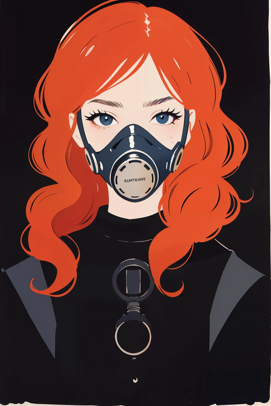(masterpiece:1.2, best quality), closeup, portrait, 1girl, 18yo, long curly ginger hair, freckles, naked, nipples, small breast, wearing gas mask, noir, desolate landscape in background, vibrant colors, anime minimalist, watercolor