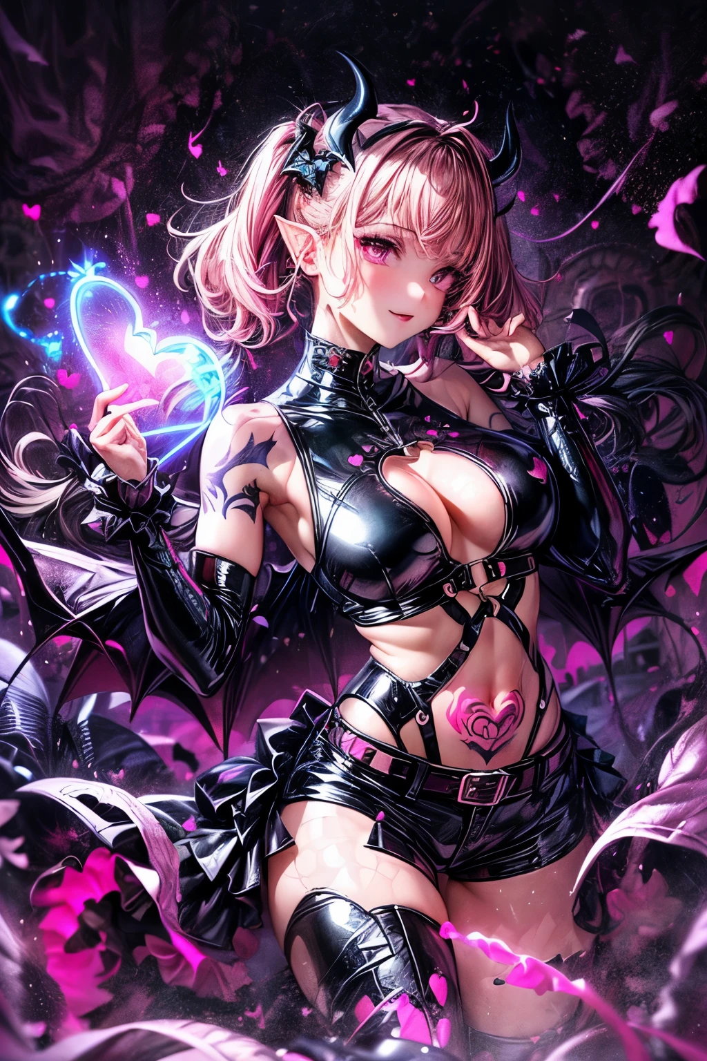 ((worst quality, low-quality)), ((a closeup)), (girl with:1.2),  (big breasts), (A dark-haired, short-cut:1.3), (Dynamic Pose:1.2),plump shiny lips, Beautiful clear eyes, (The best smile), Spoken Heart, (perfect hand:1.2), (black and shocking-pink theme:1.4), (sexy succubus cosplay costume with pubic tattoo:1.2), (sleeveless black latex high neck crop top with heart-shaped cut keyhole:1.4), ((bare shoulders, bare arms, bare thighs):1.3), (black latex low rise micro shorts:1.3), (shocking-pink grommet belt:1.3), (tight latex black long sleeve:1.3), ((fusion of black high platform coots and thigh high boots) with heel:1.2), (shocking-pink devil horns has bioluminescence glow LED-light on temporal region:1.3), (large bat wings for cosplay:1.4), (black wings:1), (shocking-pink (heart-shaped, heart-symbol) bioluminescence glow LED-light on stomach:1.4), (black bangles for prisoners:1.2),low angle shot, masutepiece,Best Quality,ultra-detailliert, ​masterpiece,