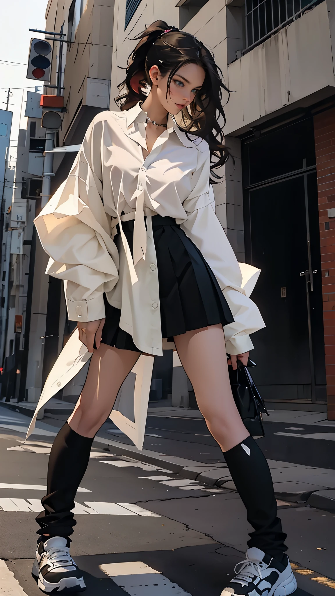 masterpiece, Best quality, a high resolution, ultra detailed),(beautiful and aesthetically pleasing:1.2), 1 woman, adult, perfect body, Wavy dark hair, green eyes, hair pulled back into a beautiful ponytail, Detailed eyes and face, complex parts, full body, Short skirt, Shoes, oversized shirt, leggings on the legs, Street, city, cityской стиль, day, 