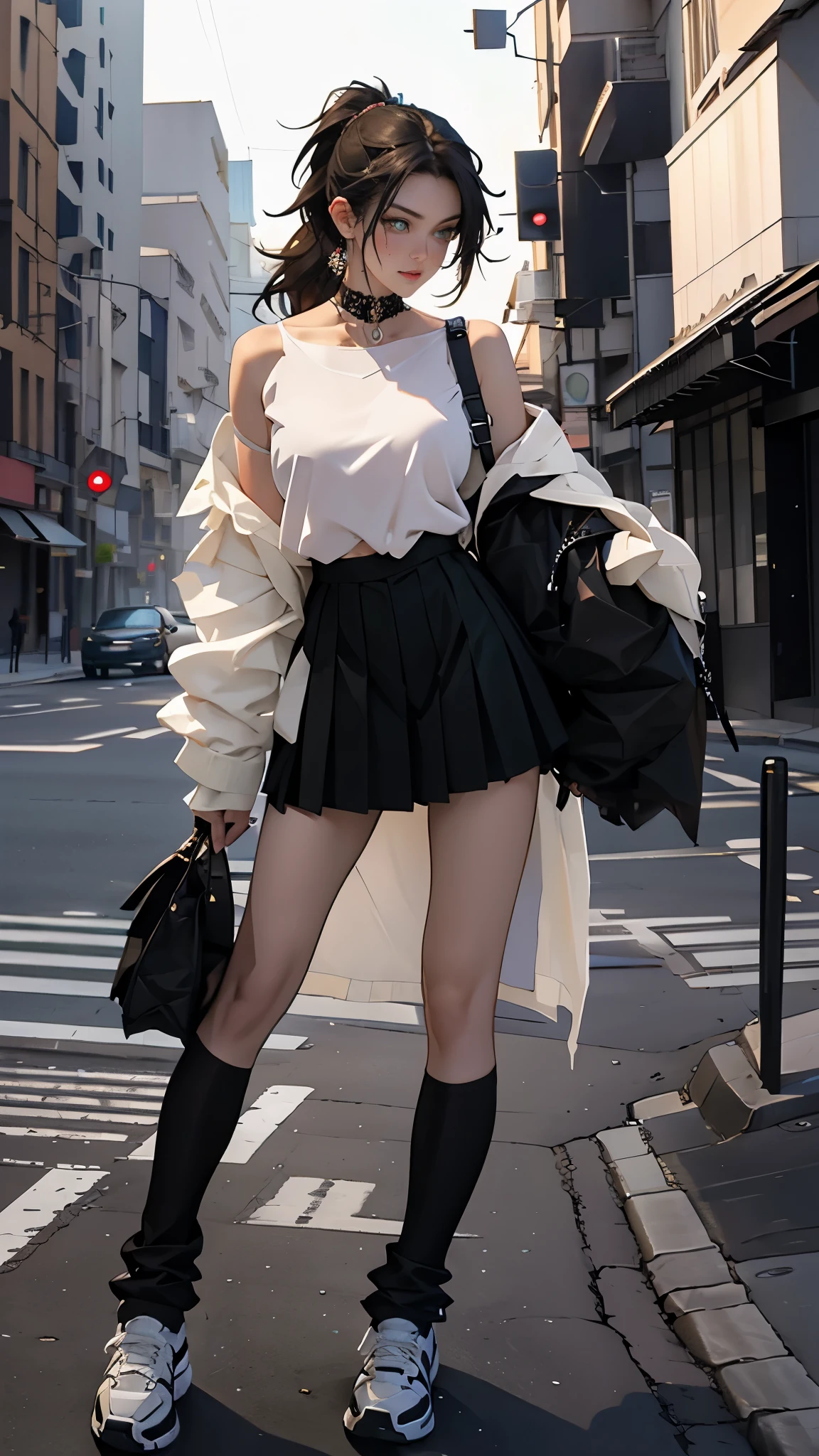 masterpiece, Best quality, a high resolution, ultra detailed),(beautiful and aesthetically pleasing:1.2), 1 woman, adult, perfect body, Wavy dark hair, green eyes, hair pulled back into a beautiful ponytail, Detailed eyes and face, complex parts, full body, Short skirt, Shoes, oversized shirt, leggings on the legs, Street, city, cityской стиль, day, 