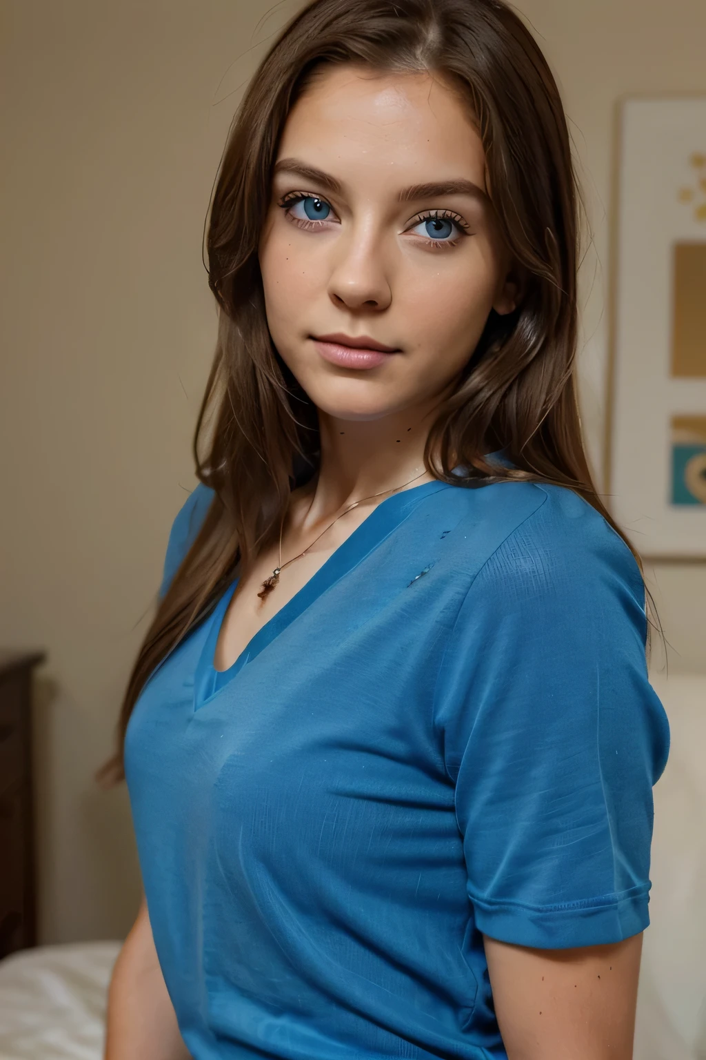 (Please generate an image of a young woman, around 30 years old, wearing a shirt and necklace. She has brown hair, bigger, eBlue eyes, and a subtle, natural makeup. The photo should show that she has no obvious makeup, She should look directly into the camera. The face should look real and natural. Full body shots of this attractive woman should feature eye-catching poses, She has sharp blue eyes. The girl has a sweet temperament, And the posture should be sweet too. Please make sure the woman's entire body is visible in the image. She wears a thin simple shirt. The background should be clear and Neatness. The details of the image should be of high quality(Best quality at best)), ((tmasterpiece)), (Detailed pubic hair), s the perfect face