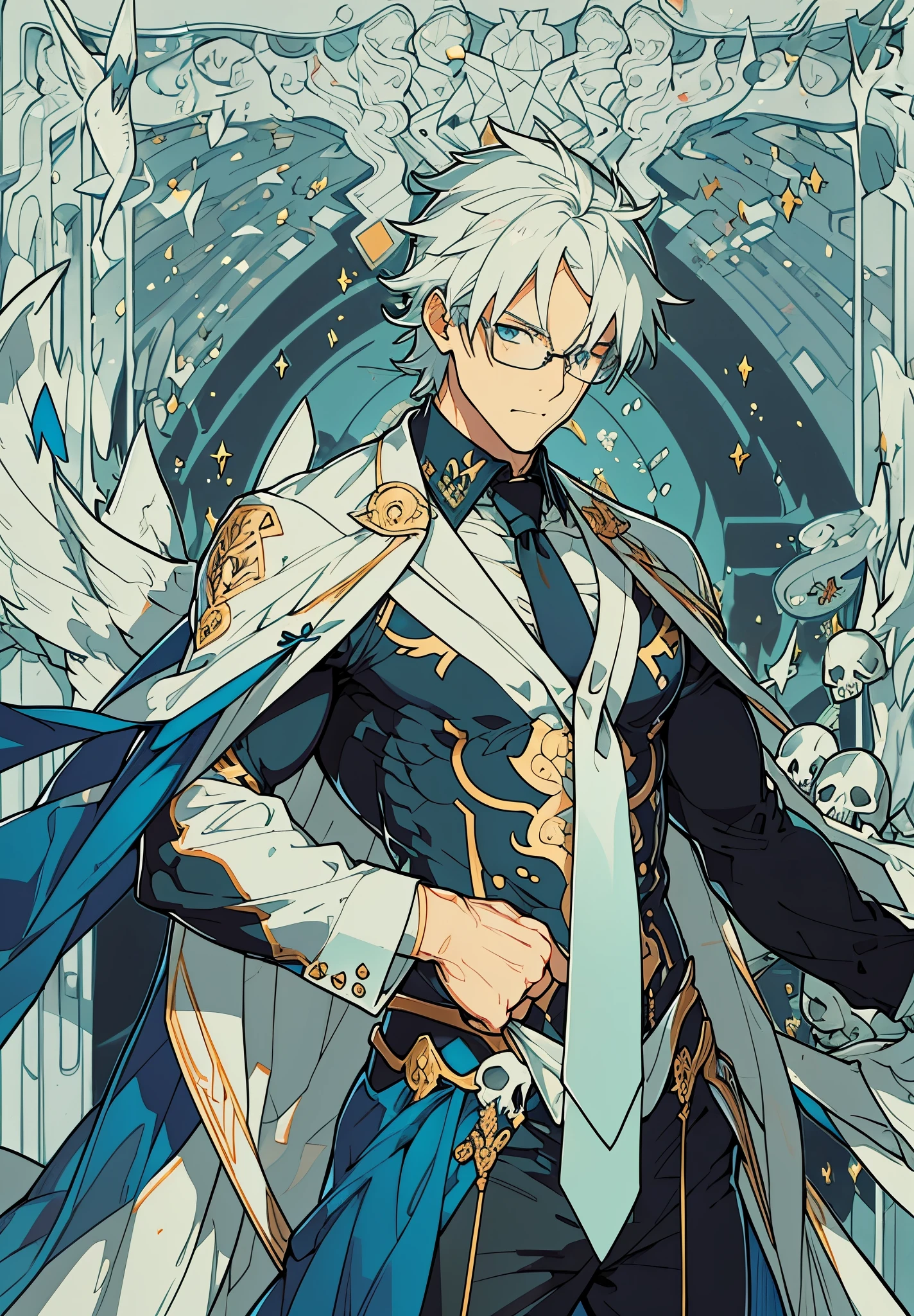 Ultra-detailed,high resolution,Ultra-detailed,Best quality,amazing,quality,intricate details,Extremely detailed CG unified 8k wallpaper,tarot cards,white hair,Draw a male character,Wearing a black Armani suit,blue eyes,35 year old middle-aged man,Wearing black-rimmed glasses,Slender body,Upper body close-up,white necktie,Final Boss,dark background,Muscles are not developed,In the background is the whole broken earth and the mourning angels,Villains,Possess the power of omniscience and omnipotence,body surrounded by skulls,covered by shadow