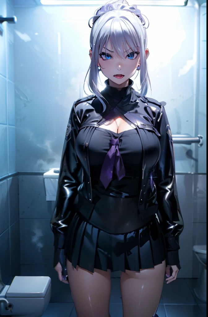 Shadow、dark toilet、dark、lights out、Shadow、Stains on the walls、Dark and dirty private toilet、dirty toilet、public toilet、official art、Full CG、high quality、High resolution、8K, high vision、be familiar with、clear、live action、 standing with legs apart、 1 cute girl, highest quality、Ultra - High resolution、High resolution、Detailed CG、8k unit wallpaper、20-year-old、beautiful and detailed eyes,platinum blonde hair、random hairstyle、(((Black and purple super shiny latex panties)))、((( black skin , Shirt with tie , cropped shirt , pleated skirt , cleavage ,oil skin)))、(shiny body,:1.5)、 please be shy、(Ahegao:1.5)、(Stick out your tongue and drool)、full of embarrassment、sexy pose、((steam))、(((background 汚くて汚れたpublic toilet、dark雰囲気)))