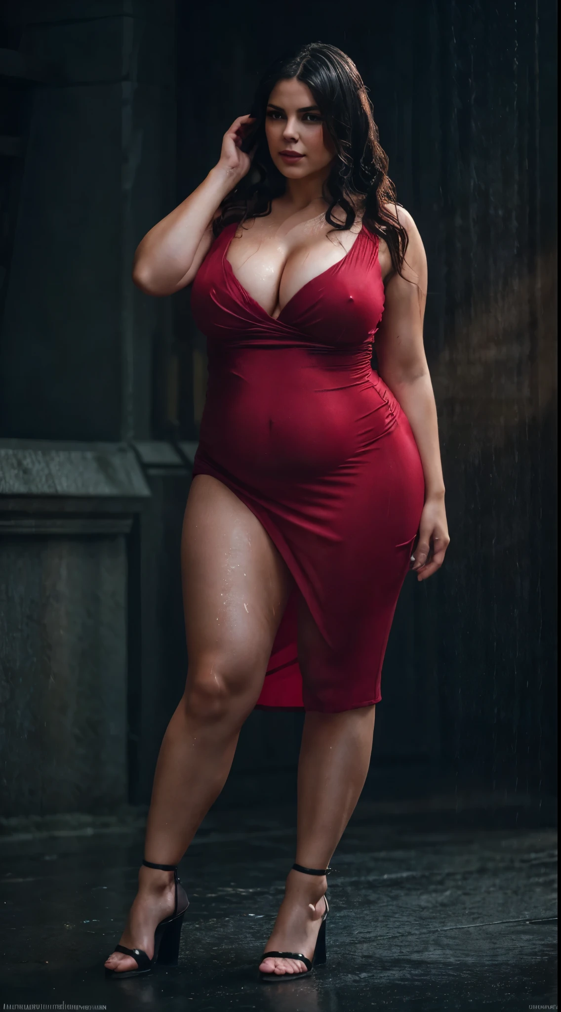 
(Thirty year old) chubby woman ,out of shape, standing in the heavy rain, fat belly, zaftig figure, voluptuous curves, tighttop, thicc, cleavage_cutout, she is wearing high heels sandals, she has a jiggly fat round belly her belly hanging over her panties, tight attire, high heels sandals, she has love handles, she has massive heavy  resting on her belly, wearing a (long bright red dress:1.2), beautiful legs, (soaked hair:1.2), dreamy photo, dramatic pose, looking straight at camera, soft expression, flirty, slight smile, dark city landscape, crowd of dark strangers, misty, andre kohn, Canon, (Detailed features::1.2), real life. Hayley Atwell, intricate, 8k, highly detailed, (extremely detailed CG unity 8k wallpaper), ((square jaw)), (well defined jaw), (downturned lips), (detailed ), Hyperrealistic full shot body image, trending on CGSociety, Intricate, High Detail, Sharp focus, dramatic, volumetric lighting, digital painting, intense, modelshoot style, (extremely detailed CG unity 8k wallpaper), full shot body photo of the most beautiful artwork in the world, pearl skin, professional majestic oil painting by Ed Blinkey, Atey Ghailan, Studio Ghibli, by Jeremy Mann, Greg Manchess, Antonio Moro, trending on ArtStation, photorealistic painting art by midjourney and greg Rutkowski
