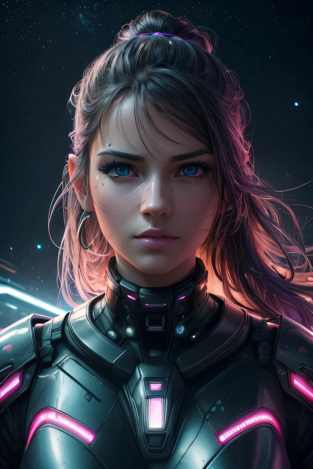 (best quality,4k,8k,high res,masterpiece:1.2),ultra-detailed,(realistic, photorealistic,photo-realistic:1.37), beautiful woman, detailed face, battle in space, neon lights, detailed clothing,illustration, sci-fi,night scene, vibrant colors, dramatic lighting, intense action, futuristic city, energy beams, starry sky, digital art style