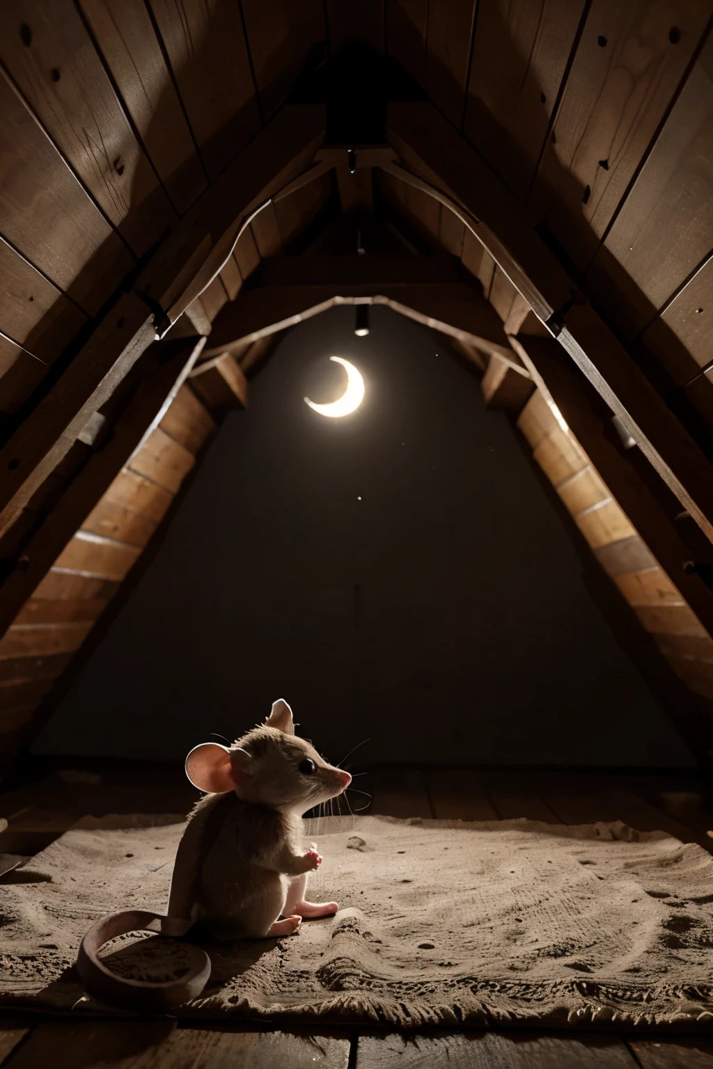 little mouse looking at the moon from inside the attic