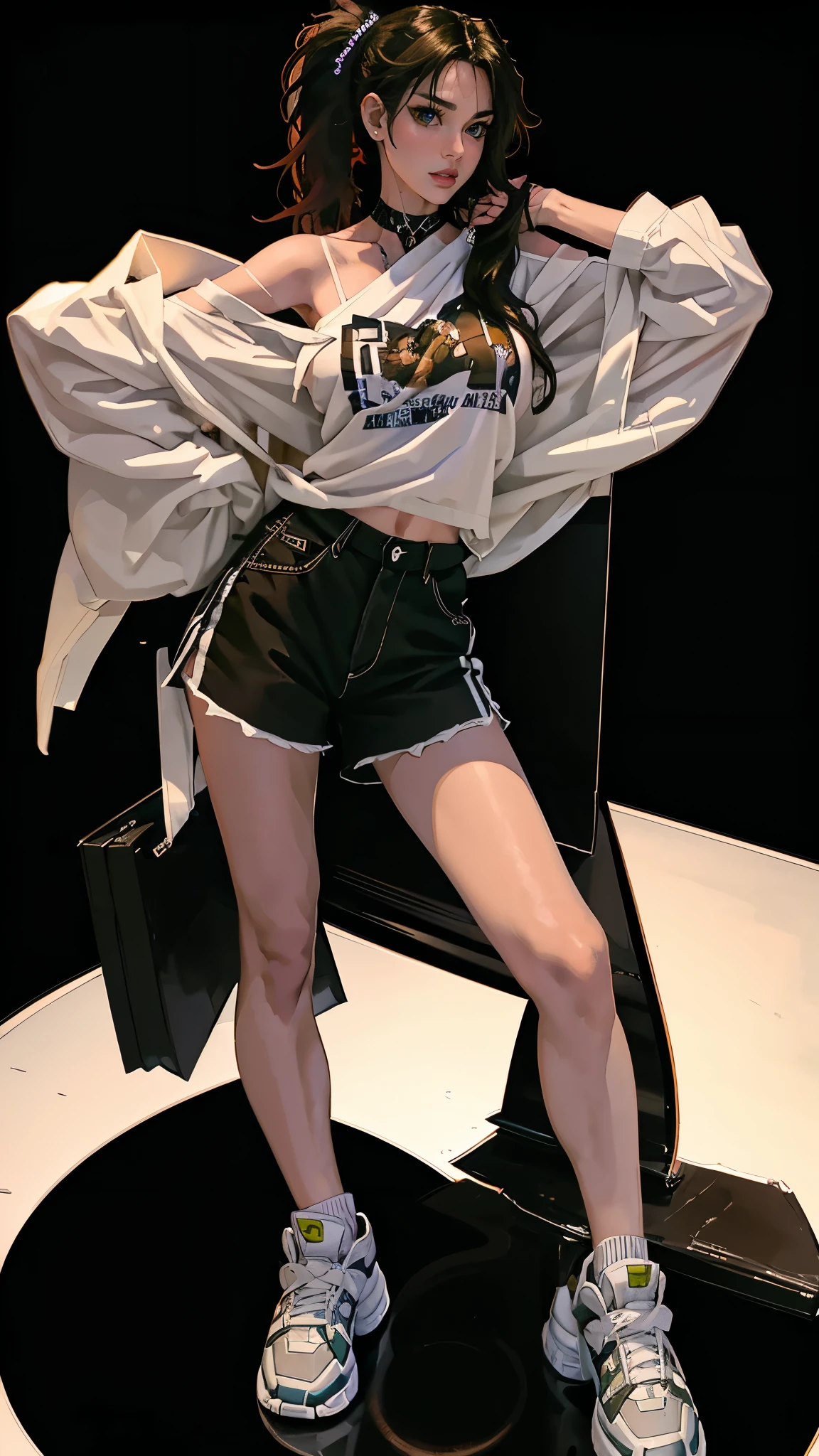 masterpiece, Best quality, a high resolution, ultra detailed),(beautiful and aesthetically pleasing:1.2), 1 woman, adult, perfect body, Wavy dark hair, green eyes, hair pulled back into a beautiful ponytail, Detailed eyes and face, complex parts, full body, shorts, sneakers, oversized shirt, Gaiters