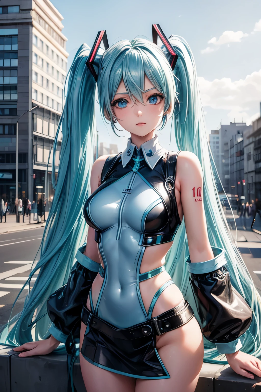 a girl, light blue hair, Hatsune Miku style hair, blue eyes, 20 years old, in berlin, modern city, accessories, sculptural body, best quality, masterpiece, busty, shiny dress  