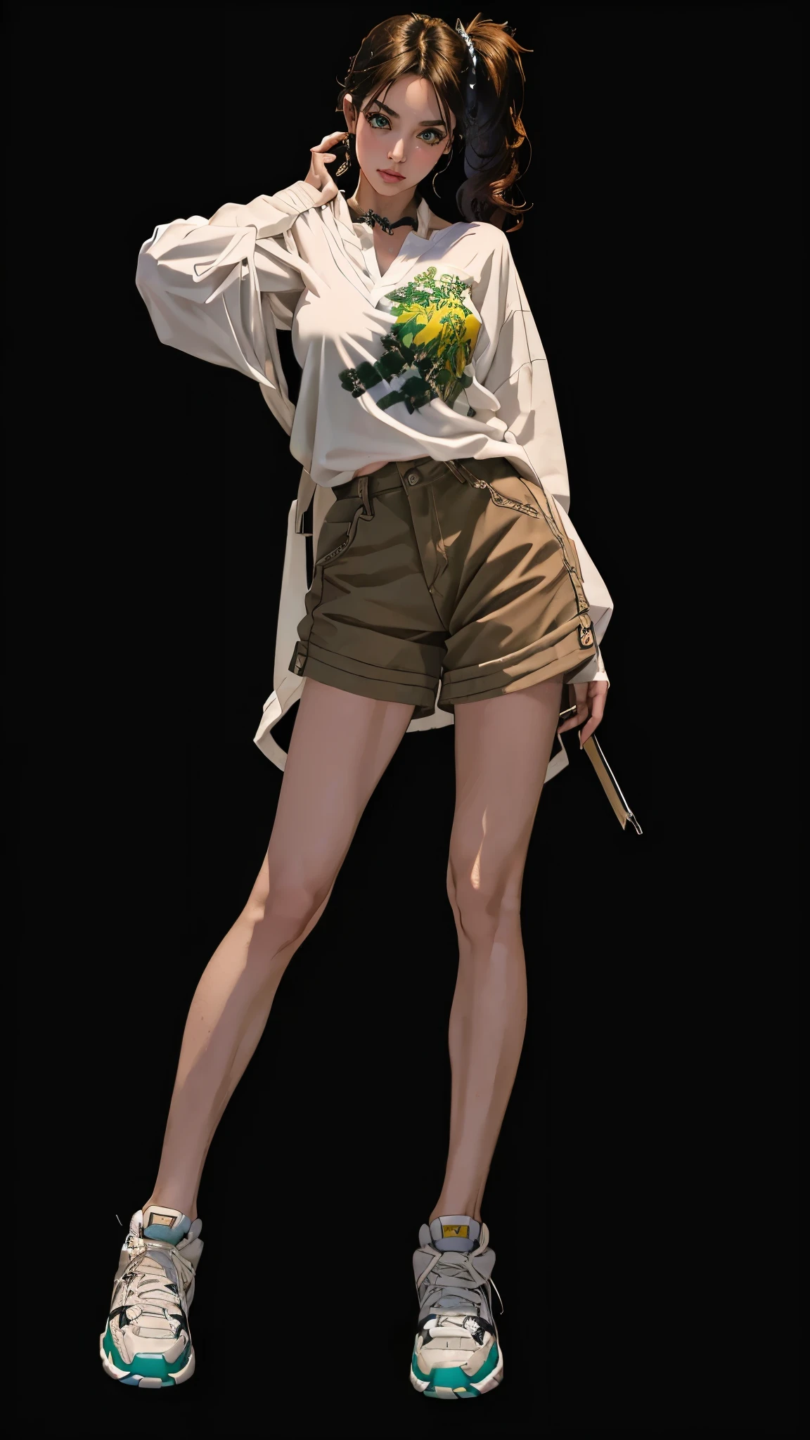 masterpiece, Best quality, a high resolution, ultra detailed),(beautiful and aesthetically pleasing:1.2), 1 woman, adult, perfect body, Wavy dark hair, green eyes, hair pulled back into a beautiful ponytail, Detailed eyes and face, complex parts, full body, shorts, sneakers, oversized shirt, Gaiters