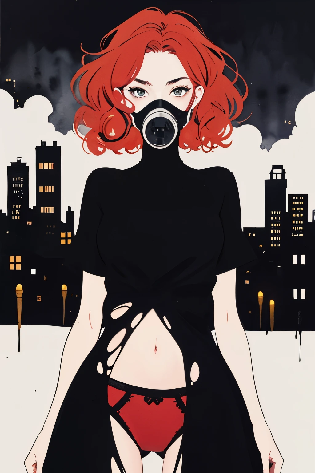 (masterpiece:1.2, best quality), 1girl, 18yo, curly ginger hair, freckles, wearing gas mask, torn black dress, red panties, noir, dark desolate city, anime minimalist, watercolor