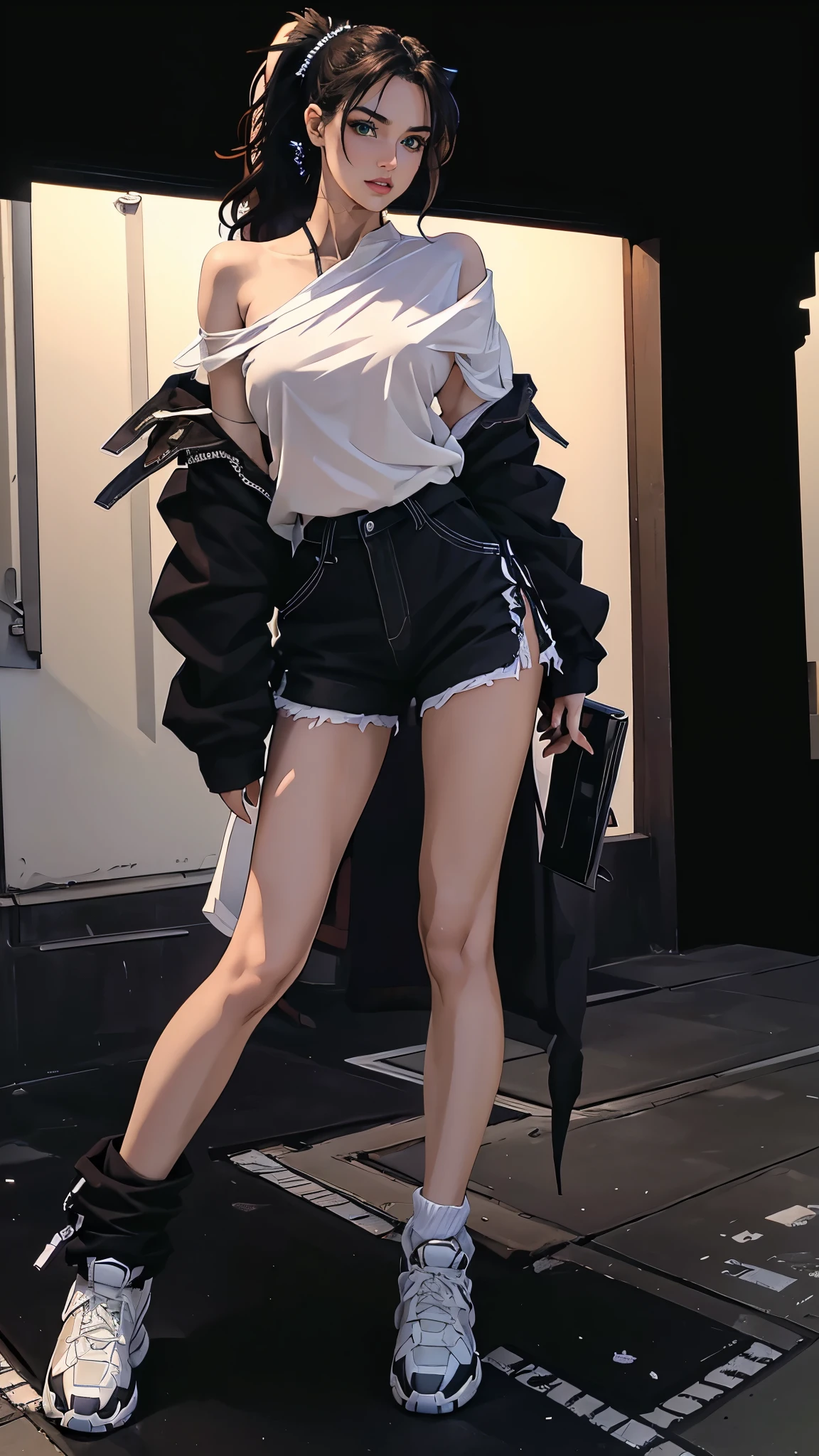 masterpiece, Best quality, a high resolution, ultra detailed),(beautiful and aesthetically pleasing:1.2), 1 woman, adult, perfect body, Wavy dark hair, green eyes, hair pulled back into a beautiful ponytail, Detailed eyes and face, complex parts, full body, shorts, sneakers, oversized shirt, Gaiters