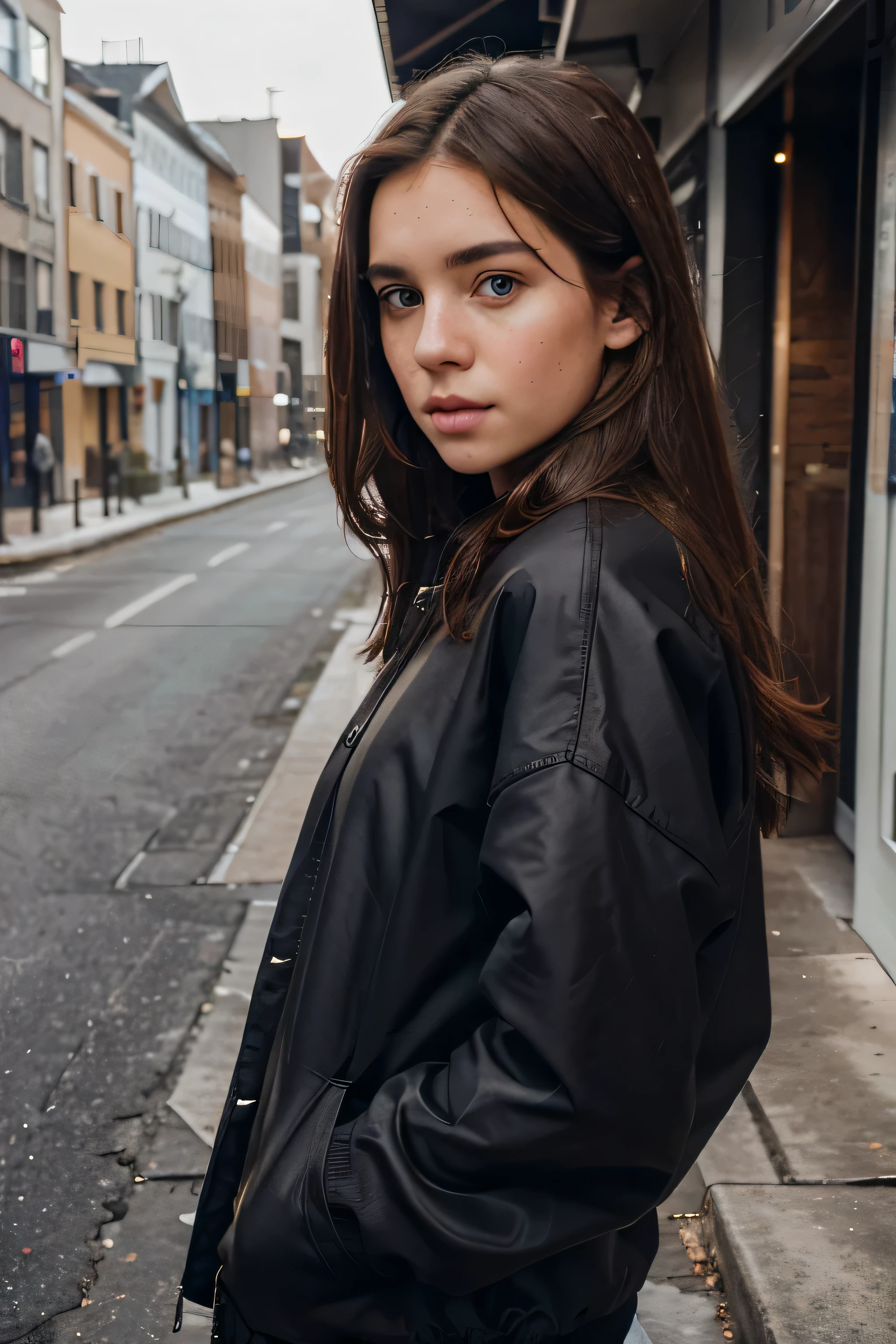 girl outside, parecendo extremamente arrogante, inverno, corpo todo, muito bonito, cabelo castanho, vestindo jaqueta preta grande, rosto realista, olhos detalhados, sardas, olhando para o lado, foto feita pelo iphone 8