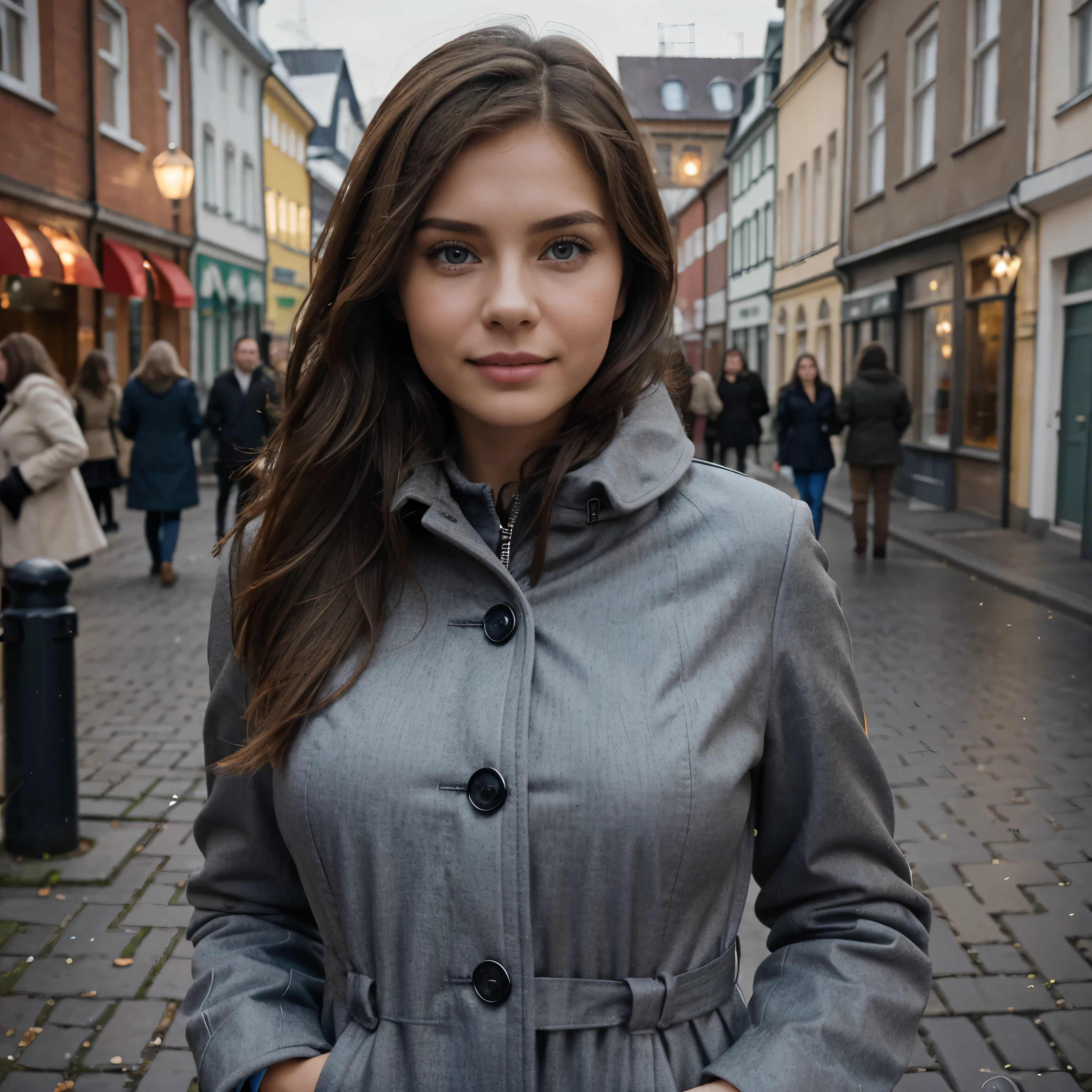 Crie uma foto de uma morena gostosa de nacionalidade russa / Polina. Ela'Estou em Bremen vestindo um casaco cinza e apenas olhando ao redor, posing for the camera, Dente branco, olhos azuis