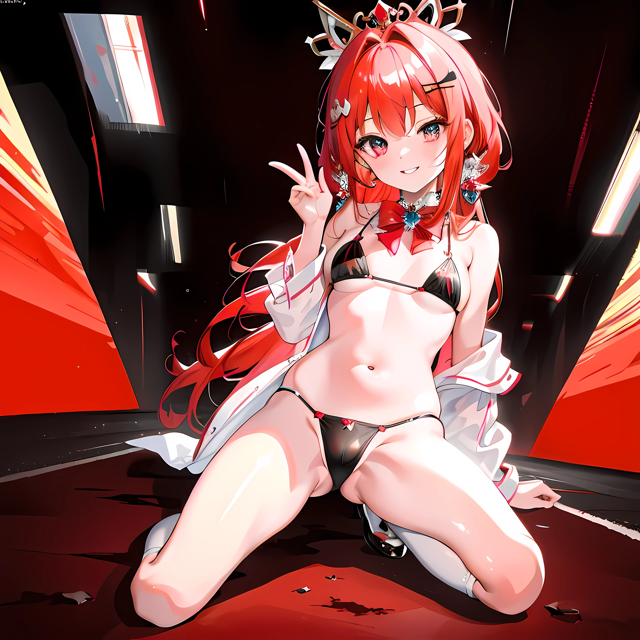 Top Quality, Masterpiece, High Definition, Very Detailed, 8k, One Girl, Cute, Anime, Crystal Clear White Skin, Sensual, Full Body, 2nd Grade of Junior High School, , Beautiful Cute, Bow on Head, Too Many Hair Ornaments, Cute Micro Bikini Style, Crazy Worldview, Bloody, Eyes Glowing Suspiciously Red, Fairyland, Back road, crazy smile, bright red oasis, hand on crotch, inviting