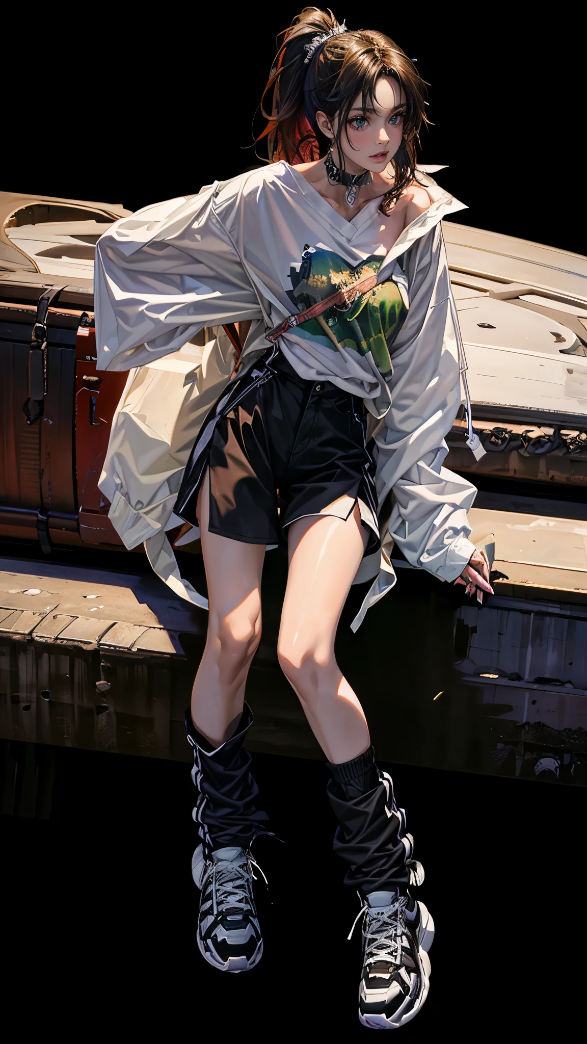 masterpiece, Best quality, a high resolution, ultra detailed),(beautiful and aesthetically pleasing:1.2), 1 woman, adult, perfect body, Wavy dark hair, green eyes, hair pulled back into a beautiful ponytail, Detailed eyes and face, complex parts, full body, shorts, sneakers, oversized shirt, Gaiters, Street, lane, day, 