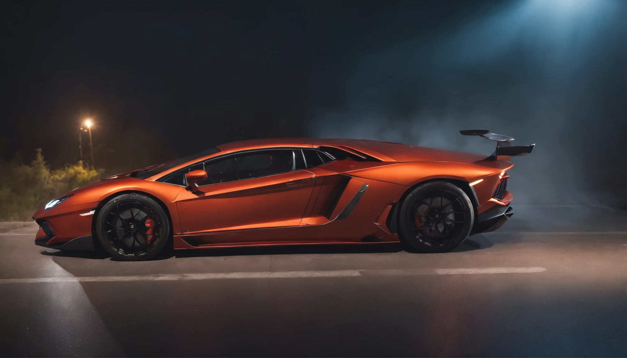 Lamborghini aventador svj drifting chase, action shot, high speed, night life, heavy rain, lens flare, intricate, elegant, highly detailed, realistic, concept art, matte, sharp focus, hearthstone