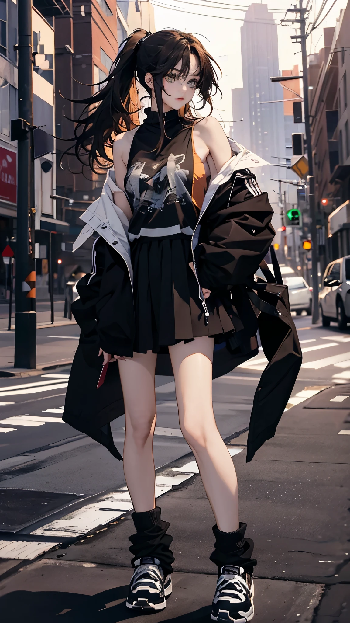 masterpiece, Best quality, a high resolution, ultra detailed),(beautiful and aesthetically pleasing:1.2), 1 woman, adult, perfect body, Wavy dark hair, green eyes, hair pulled back into a beautiful ponytail, Detailed eyes and face, complex parts, full body, Short skirt, Shoes, oversized shirt, leggings on the legs, Street, city, cityской стиль, day, 