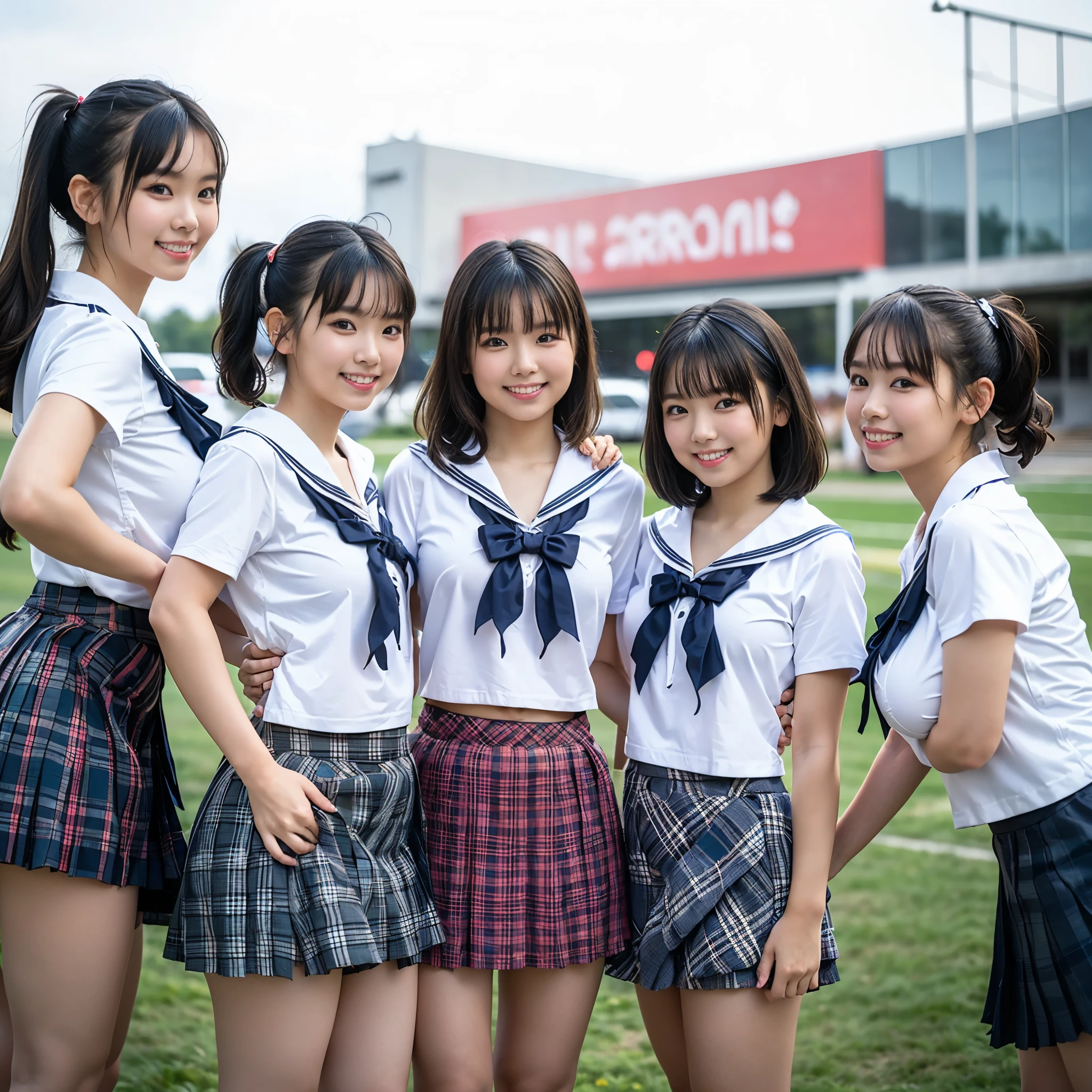 (8K、Raw photography、highest quality、masterpiece:1.2),(black hair:1.5),(Mr.々cute hairstyle、bob cut、very short hair、ponytail、twin tails:1.4),(6 high school girls、All very beautiful girls:1.6)、(tracksuit、plaid skirt: 1.5)、(Clothing that emphasizes the shape of your chest、big breasts:1.6)、(Group attendance at school:1.4)、ultra high resolution,(grassland:1.3)、(japanese woman: 1.2),(Photoreal:1.37)、photon mapping,reality、(They all look like idols and are cute: 1.7)、(cute smile: 1.7)、(round face: 1.8)、(baby face: 1.2)、radio city、Physically based rendering、depth of field rally background、photograph, (Wearing a skirt that is too short: 2.0)、(super mini skirt、Her skirt is short and her white panties are visible..:1.4),(all wearing very short skirts、angle from below、Thighs look beautiful: 1.5)、whole body、super fine