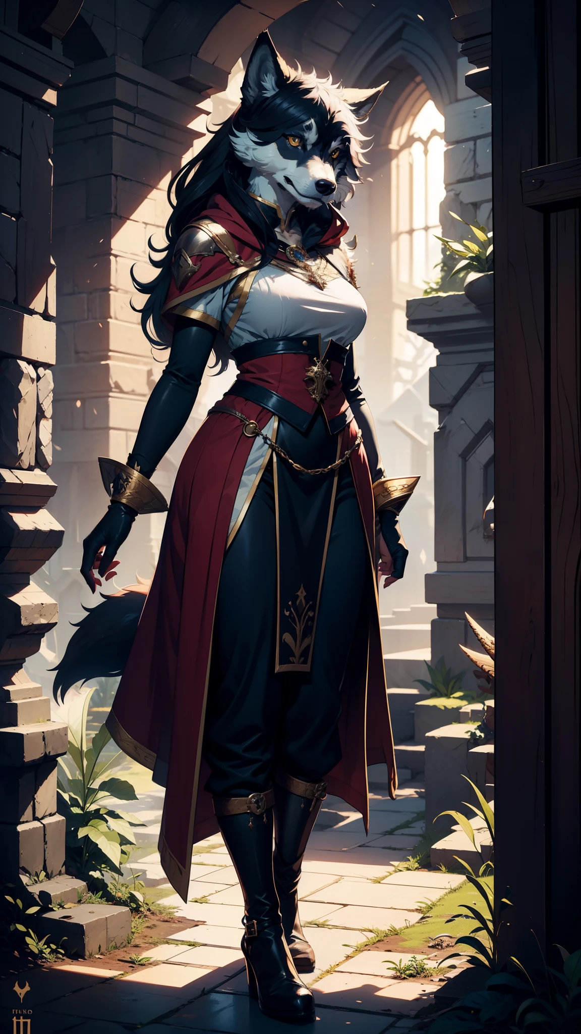 masterpiece, 1girl, extremely detailed character, full body shot, best quality, dnd, dungeons and dragons, (wolf, anthro, horns, furry), (Warlock), deer horns, pointy ears, medieval era, fantasy clothes, anime style, (medieval holy wizard outfit)