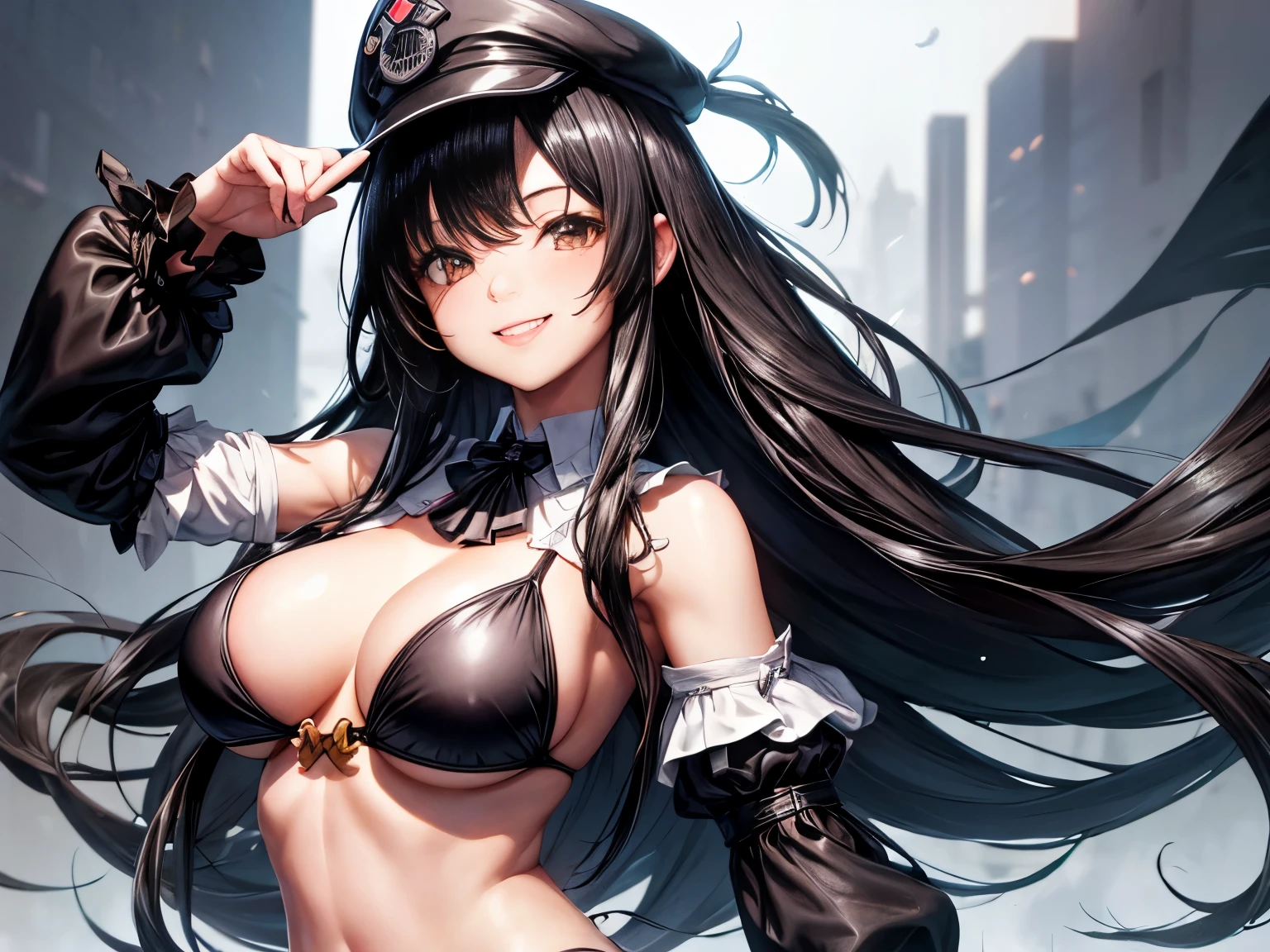 absurd resolution, high resolution, (Meisterwerk: 1.4), Hyper-Detail, Young girl&#39;s messy long black hair, Schwarzer Bikini, White cap, sweet, smiling, posing 