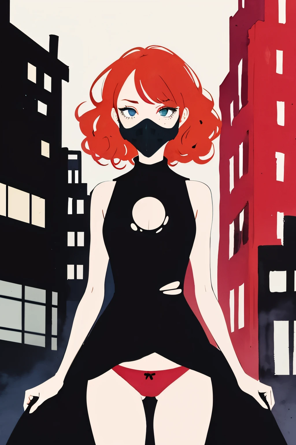 superflat, flat shading, 1girl, 18yo, curly ginger hair, freckles, wearing gas mask, torn black dress, red panties, sad, noir, dark desolate city, anime minimalist, watercolor