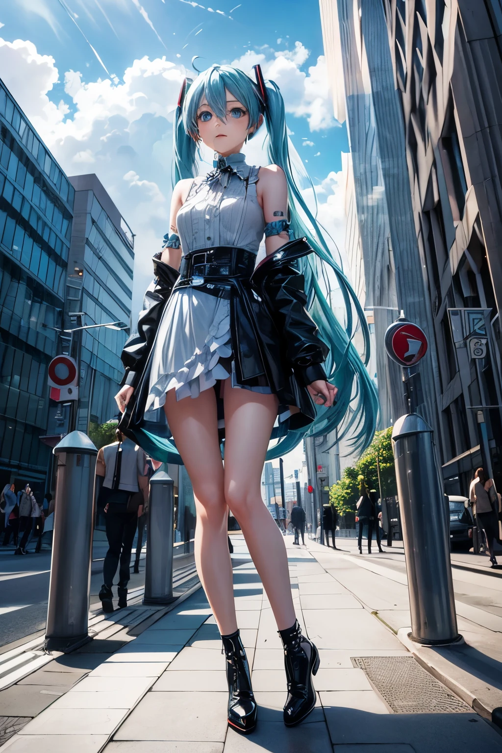a girl, light blue hair, Hatsune Miku style hair, blue eyes, 20 years old, in berlin, modern city, accessories, sculptural body, best quality, masterpiece,gothic style clothing.