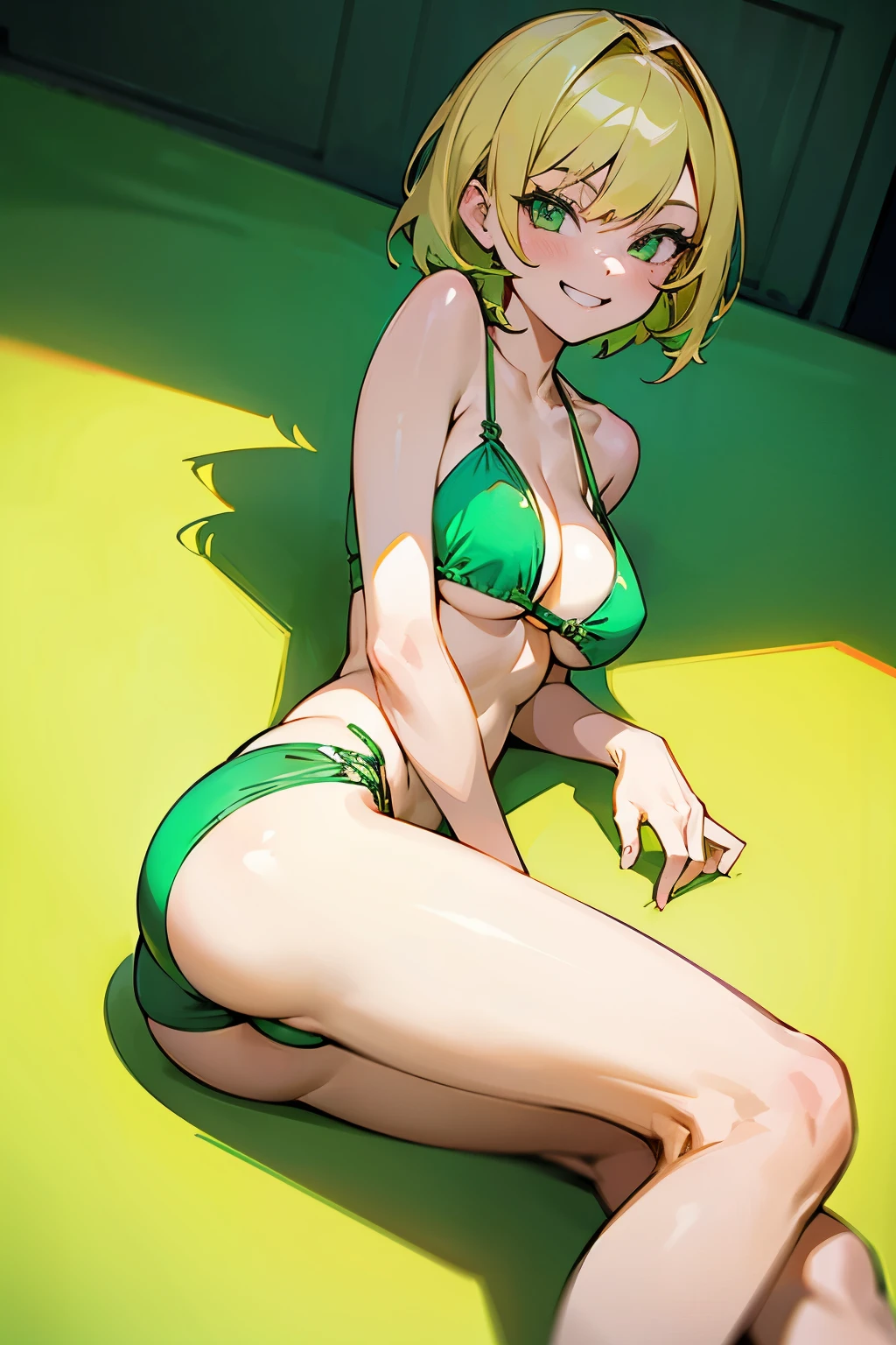 redraw, 1girl, short green hair, blonde hair, medium breasts, green bikini, laying, ass, looking at viewer, grin, masterpiece, ultra-detailed 