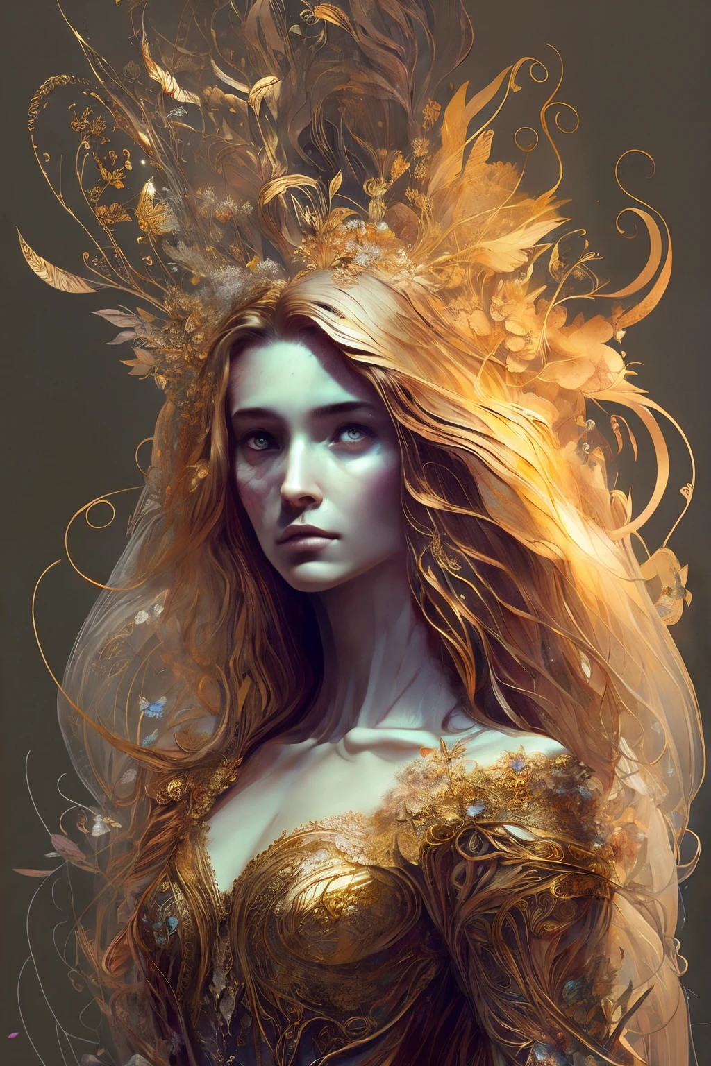 A perfect female figure stands before you, her shapeless long hair cascading down in intricate waves, revealing her perfect features that embody the essence of ethereal beauty. She is adorned in a Rococo style evening dress, the fabric delicately detailed, shimmering under the light in an abstract background that speaks of stand-alone beauty and near perfection. The golden ratio gracefully accentuates her purity of form, with minimalist elements adding to the abundance of intricate detail. The unfinished concept art of Carne Griffiths, Wadim Kashin, Brian Froud, and John William Waterhouse encapsulates the vision of sharp focus and high resolution that brings the scene to