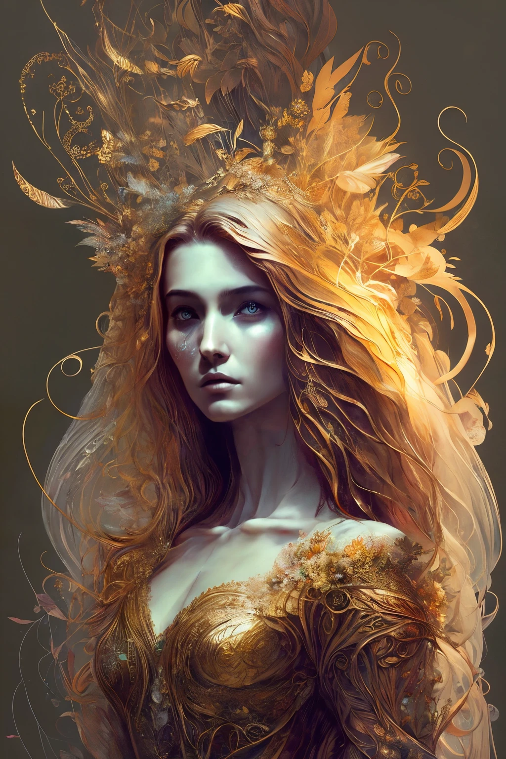 A perfect female figure stands before you, her shapeless long hair cascading down in intricate waves, revealing her perfect features that embody the essence of ethereal beauty. She is adorned in a Rococo style evening dress, the fabric delicately detailed, shimmering under the light in an abstract background that speaks of stand-alone beauty and near perfection. The golden ratio gracefully accentuates her purity of form, with minimalist elements adding to the abundance of intricate detail. The unfinished concept art of Carne Griffiths, Wadim Kashin, Brian Froud, and John William Waterhouse encapsulates the vision of sharp focus and high resolution that brings the scene to