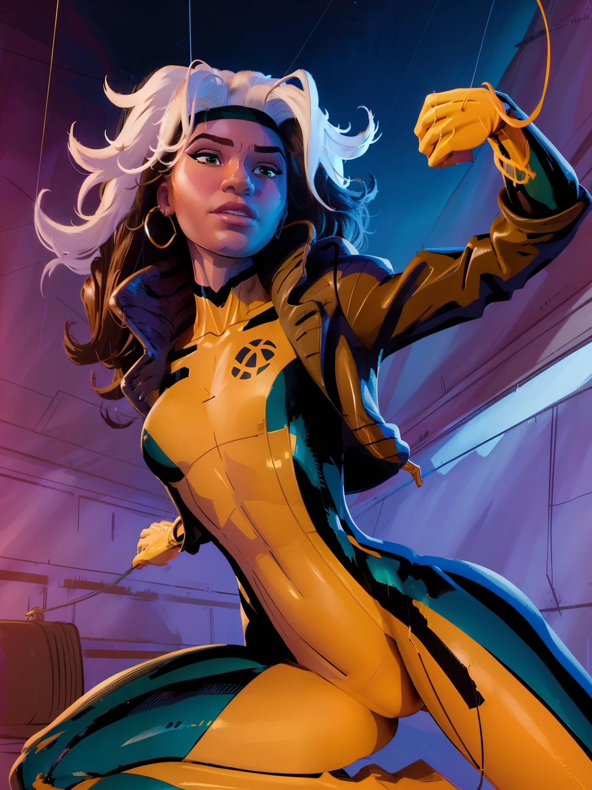 (((COMIC STYLE, CARTOON ART))). Close-up upper body, A comic-style image of Rogue member of the X-Men in dynamic pose.  A woman with brown hair with a white streak, green eyes and special gloves.  She is flying in the sky, with clouds in the background.  She wears her traditional attire with a brown leather jacket.(((Slim Hot body, sexy, sensual, camel toes ))), (((Camel Toes))). Detailed, detailed face, intricate. Cinematic background.